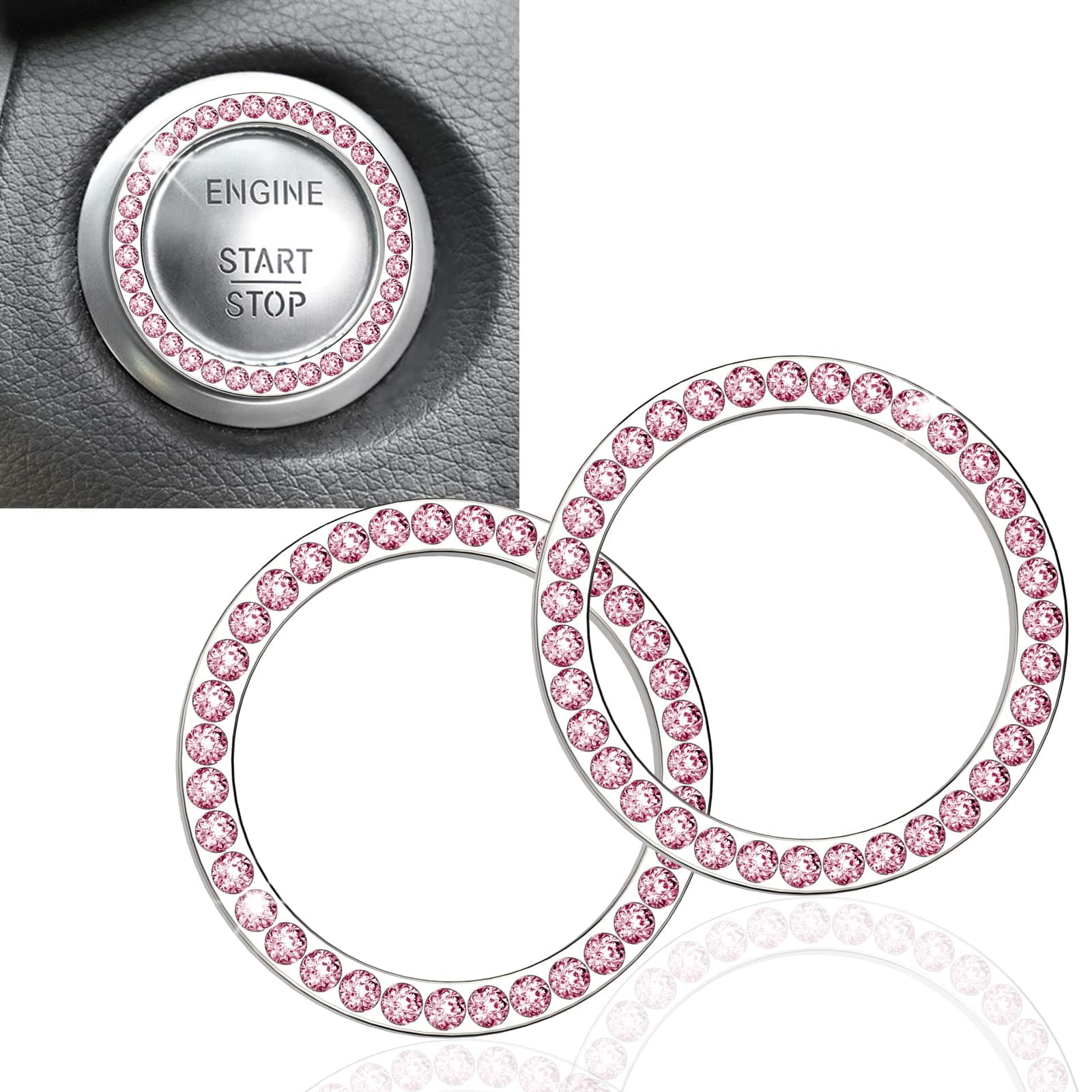 2Pcs Crystal Rhinestone Ring for Car Decor, Auto Engine Start Stop Decoration Crystal Interior Ring Decal for Vehicle Ignition Button-Pink