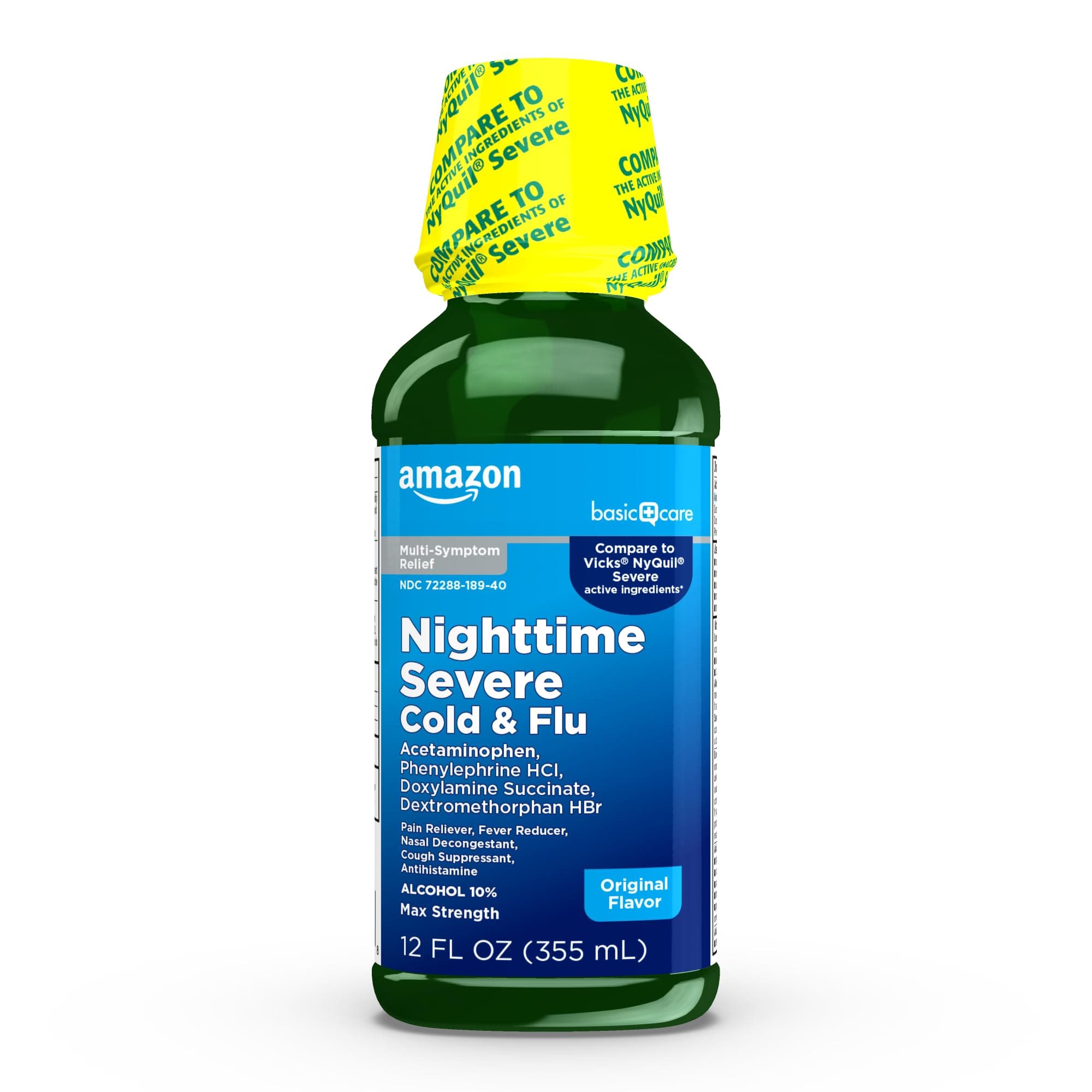 Amazon Basic Care Nighttime Severe Cold and Flu Syrup, Max Strength Liquid Medicine for Cough, Sore Throat, Nasal Congestion, Pain Reliever, Fever Reducer, Original, 12 fl oz