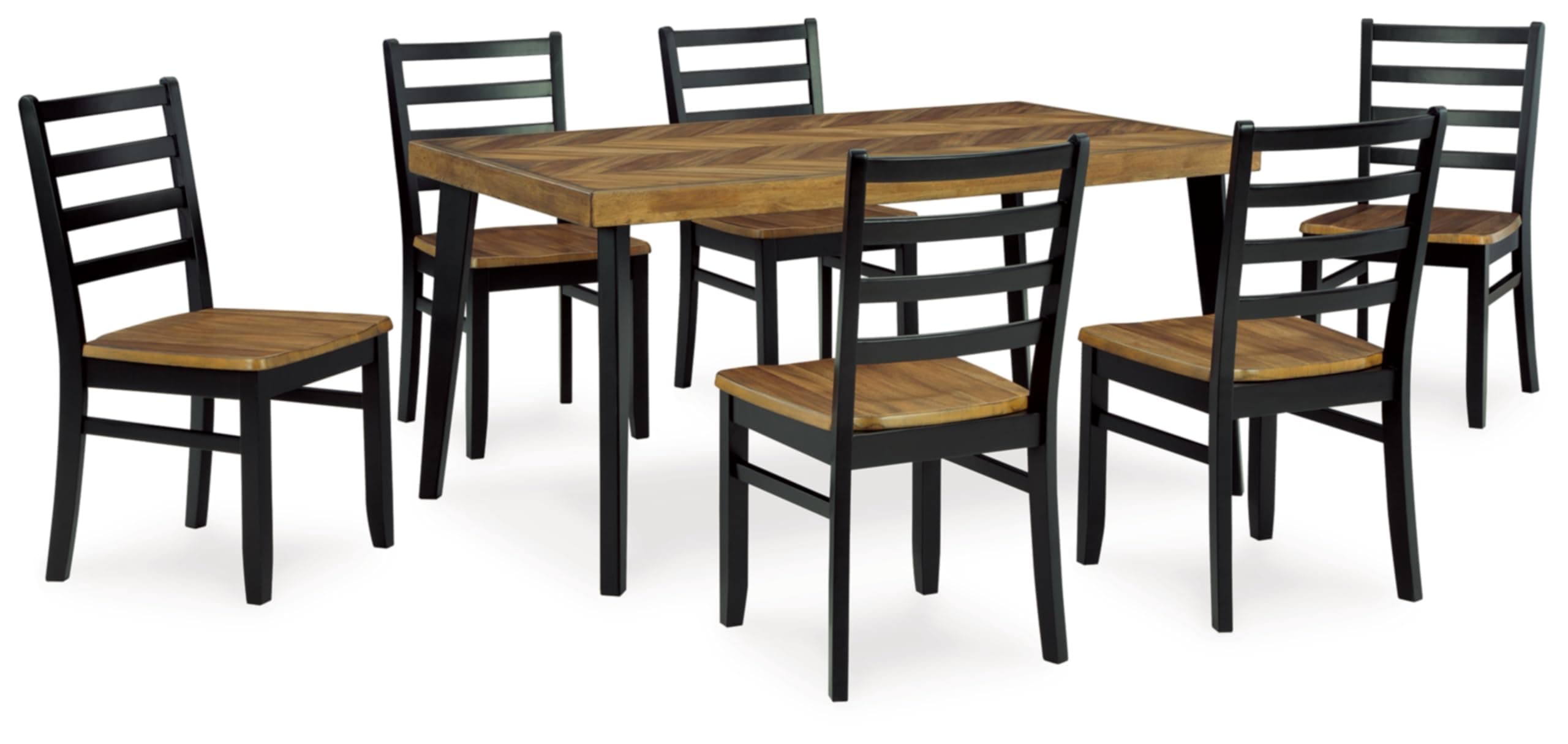 Blondon Rectangular Dining Room Table Set with 6 Chairs, Chevron Pattern, Tapered Legs, Seats 6, Wood, 60" Long, Brown & Black