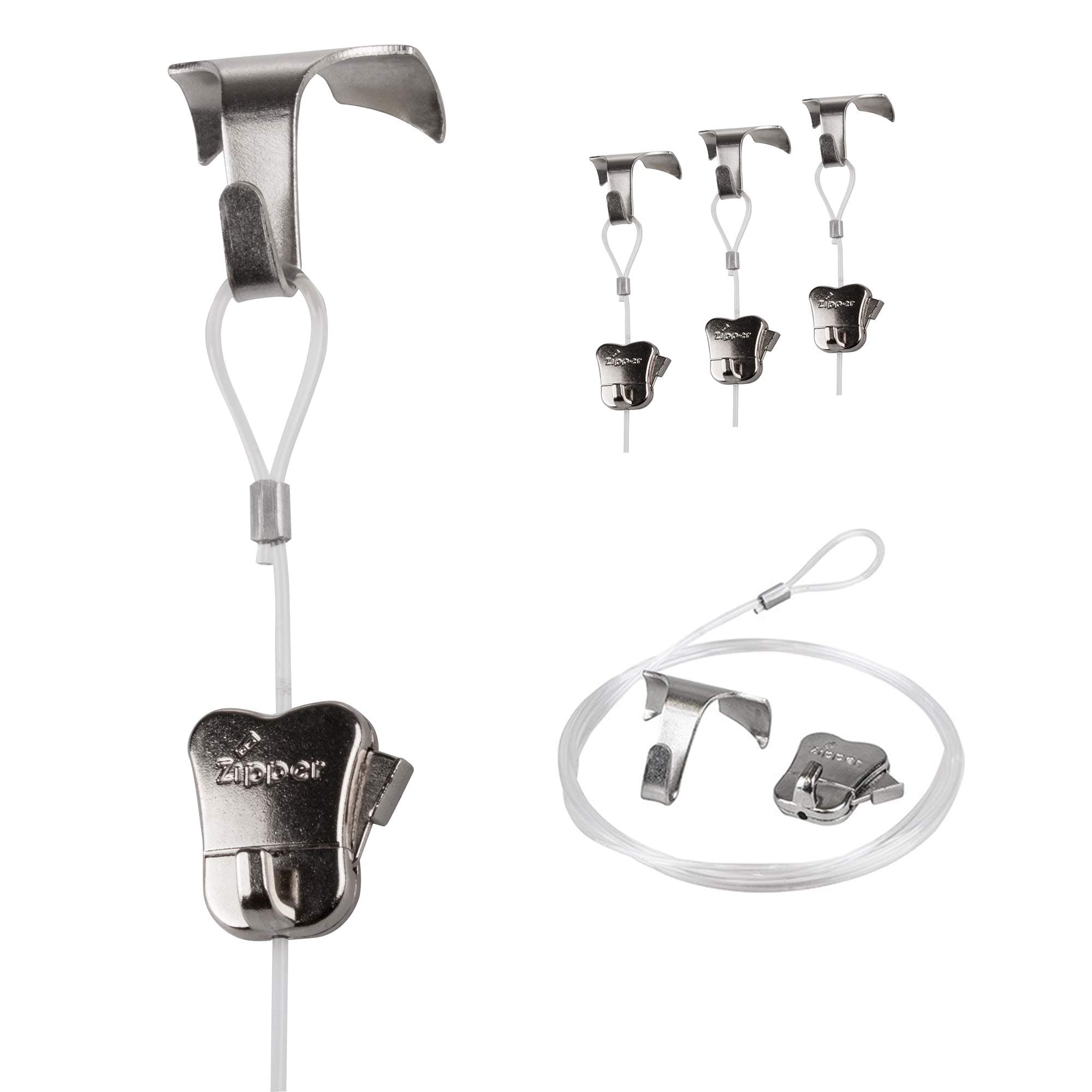 4 Pack STAS Moulding Hooks + Perlon Cords with Loop 59" + Zipper Hooks (59" perlon cord, Chrome / Silver)