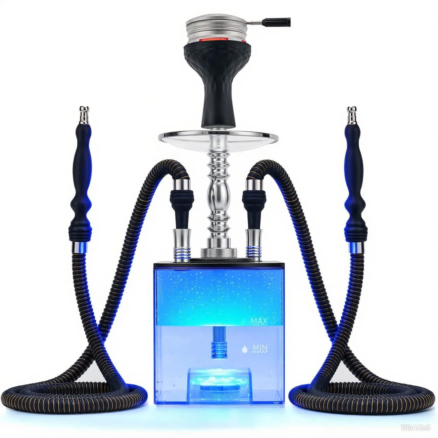 Portable 2 Hose Complete Hookah Set with Everything - Acrylic Cube Hookah Accessories Travel Kit Machine with Big Cloud | Easy to Set Up and Clean | Multicolor Remote LED Light for Home Party Better Shisha Smoking Gift
