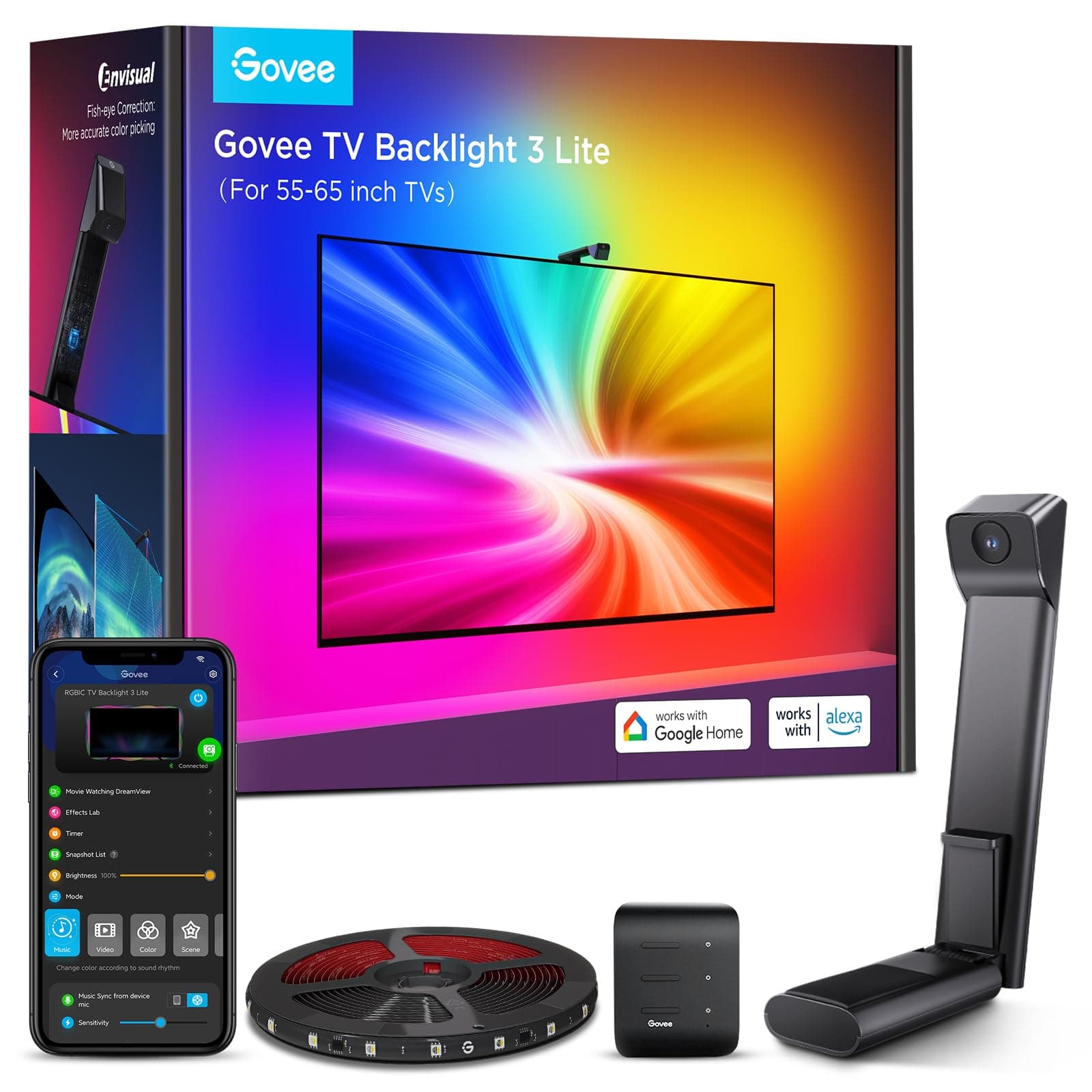 TV Backlight 3 Lite with Fish-Eye Correction Function Sync to 55-65 Inch TVs, 11.8ft RGBICW Wi-Fi LED Strip Lights with Camera, 4 Colors in 1 Lamp Bead, Voice and APP Control, Adapter