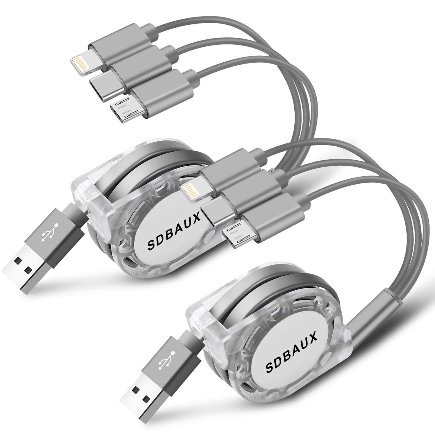 SDBAUX Multi 3 in 1 Retractable Charging Cable 2Pack/3.3ft,Fast Charge USB Charger Cord with iP/Type C/Micro USB Port Compatible Phone 11 Pro Max XS XR X 8 7 Plus Samsung Galaxy Google Pixel LG Huawei