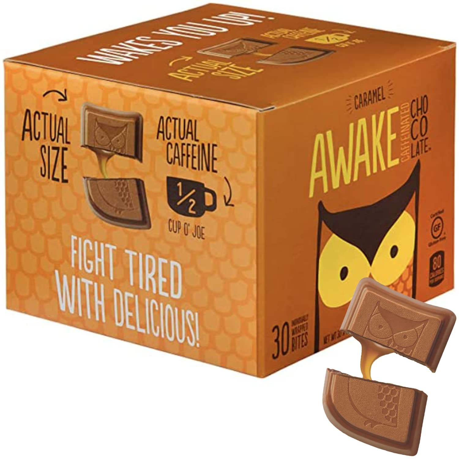 AWAKE - Caffeinated Chocolate Bites - Coffee Alternative - Low Calorie Snacks - Bite Size Energy Bars - 50mg of Caffeine in Each Bite - Non GMO - Low Carb - Gluten Free - Caramel Chocolate - 30 Bites