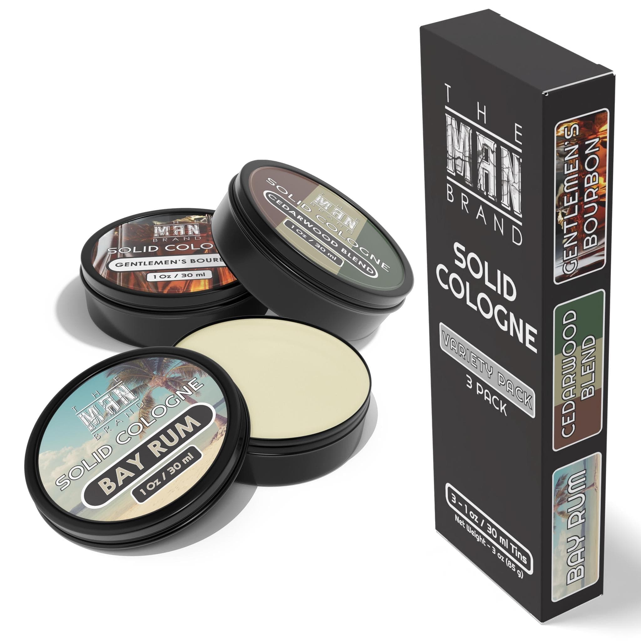 Men's Solid Cologne Sample Set, Wax Cologne with a Bourbon Fragrance, Bay Rum Scent, and Cedarwood Blend Men's Fragrance - Pack of 3-1 Ounce Each
