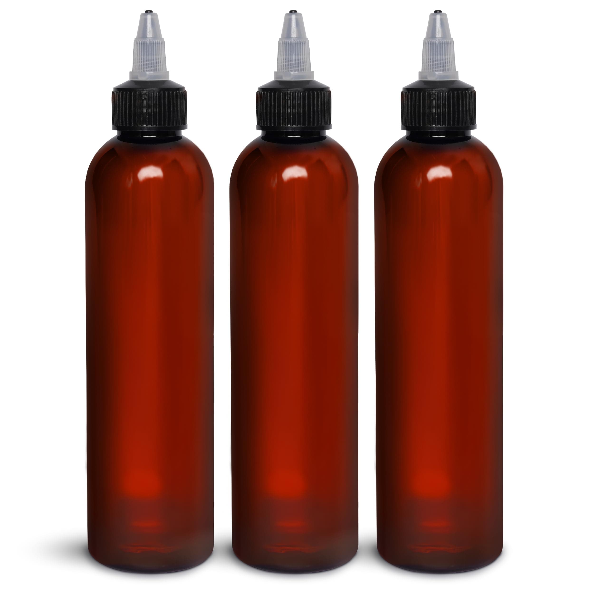BRIGHTFROM Twist Top Applicator Bottles 8 OZ, Squeeze Empty Plastic Bottles, Black Nozzle, BPA-Free, PET, Refillable, Open/Close Nozzle - Multi Purpose (Amber) Pack of 3