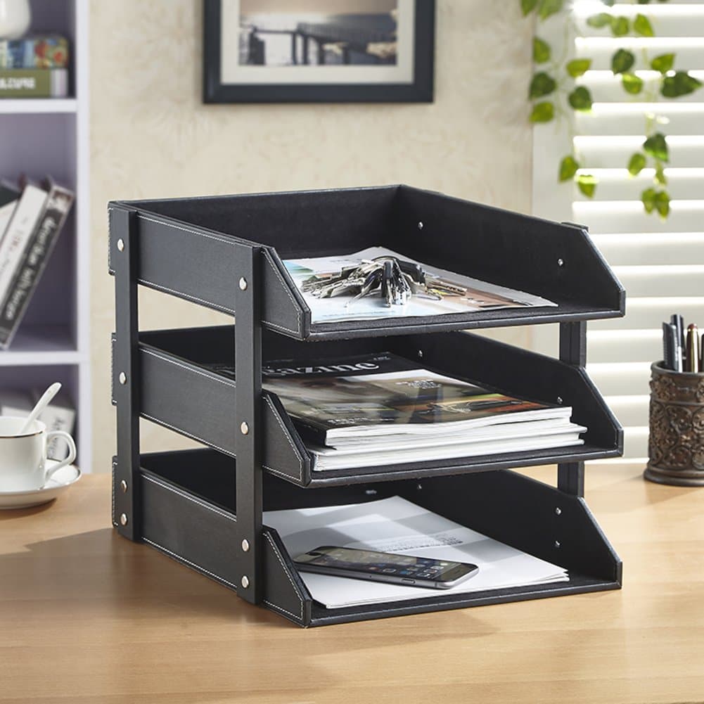 DLWDMRV Pu leather stackable office file document tray case rack,Desk file document organizer holder (Brown (3-tray))-A 10.43" x 14.57" x 2.76"