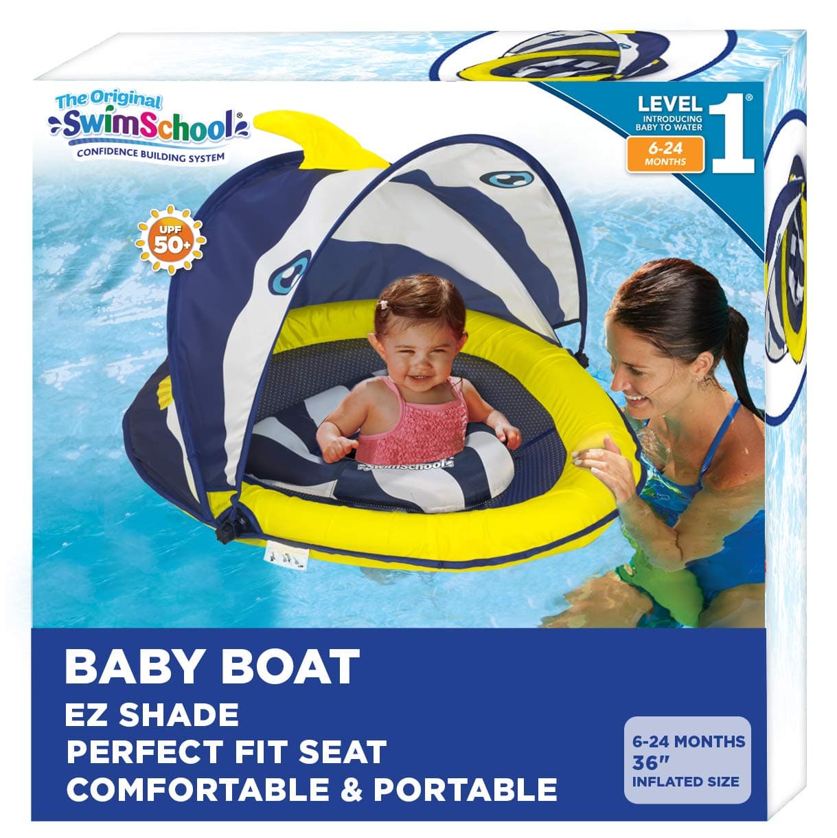 SwimSchool Splash & Play Fun-Fish Baby Pool Float with Canopy with Activity Center, Dual Air Pillow Chambers and Adjustable Safety Seat, Baby Float, 6 - 24 Months, Navy/White