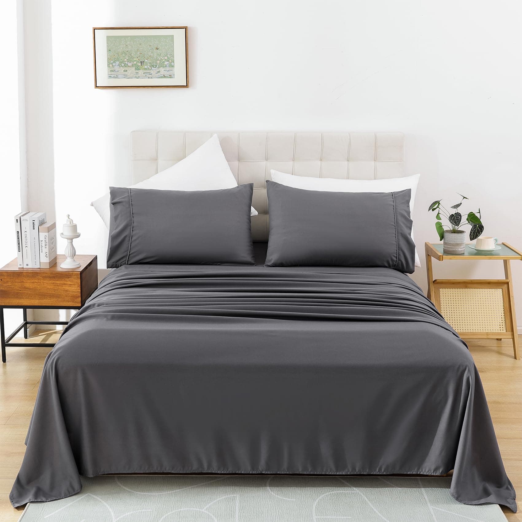 King Sheet Set - 4 Piece Bed Sheets for King Size Bed, Luxury Soft Breathable Microfiber, Extra Deep Pocket, Bedding Sheets & Pillowcase, Wrinkle Free Oeko-Tex, Dark Grey