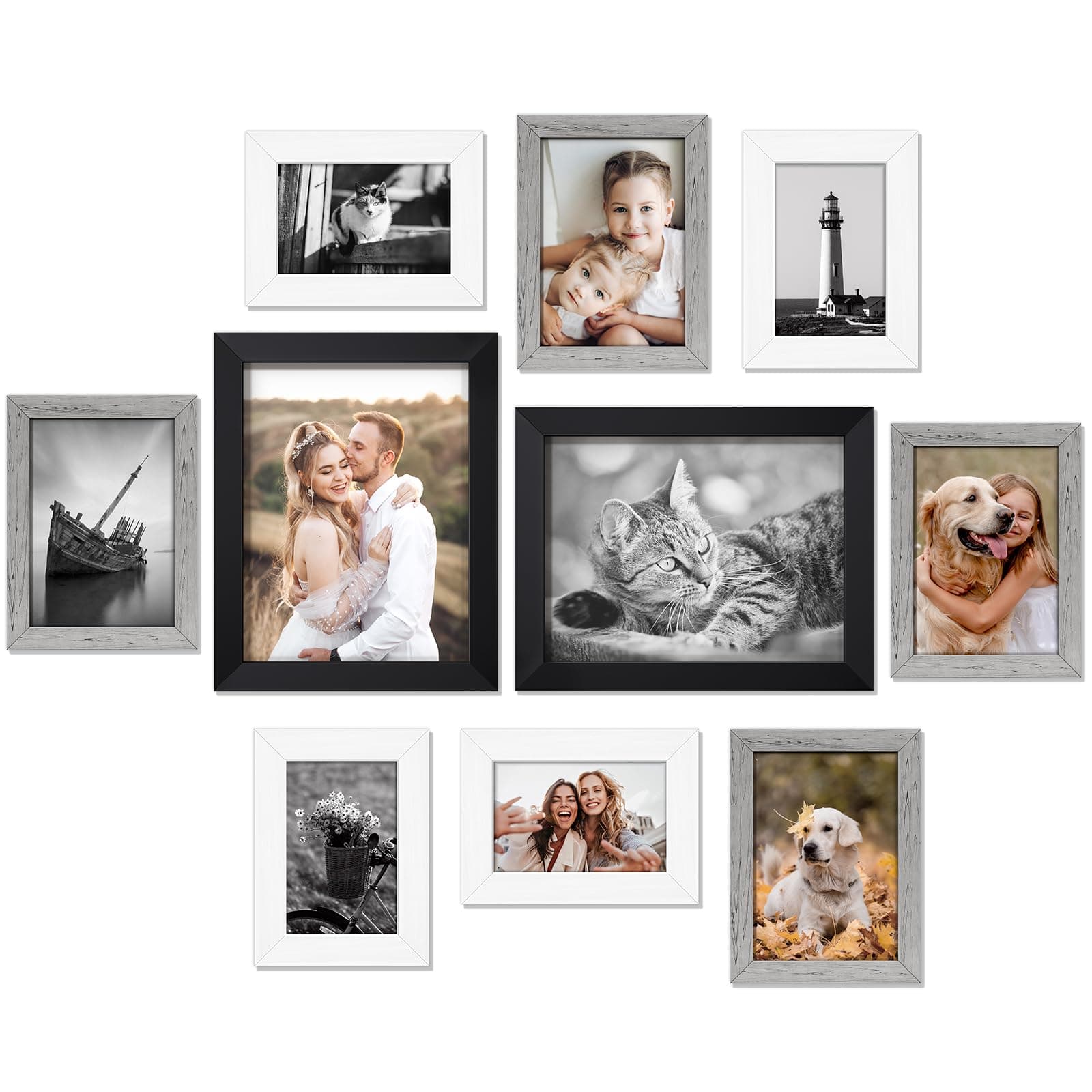 HAMITOR Picture Frames Set for Wall Gallery - 10 Pack Assorted Color Modern Wooden Collage Photo Frame for Wall Decor or Tabletop Display Including Two 8x10 / Four 5x7 / Four 4x6 - Black White Gray