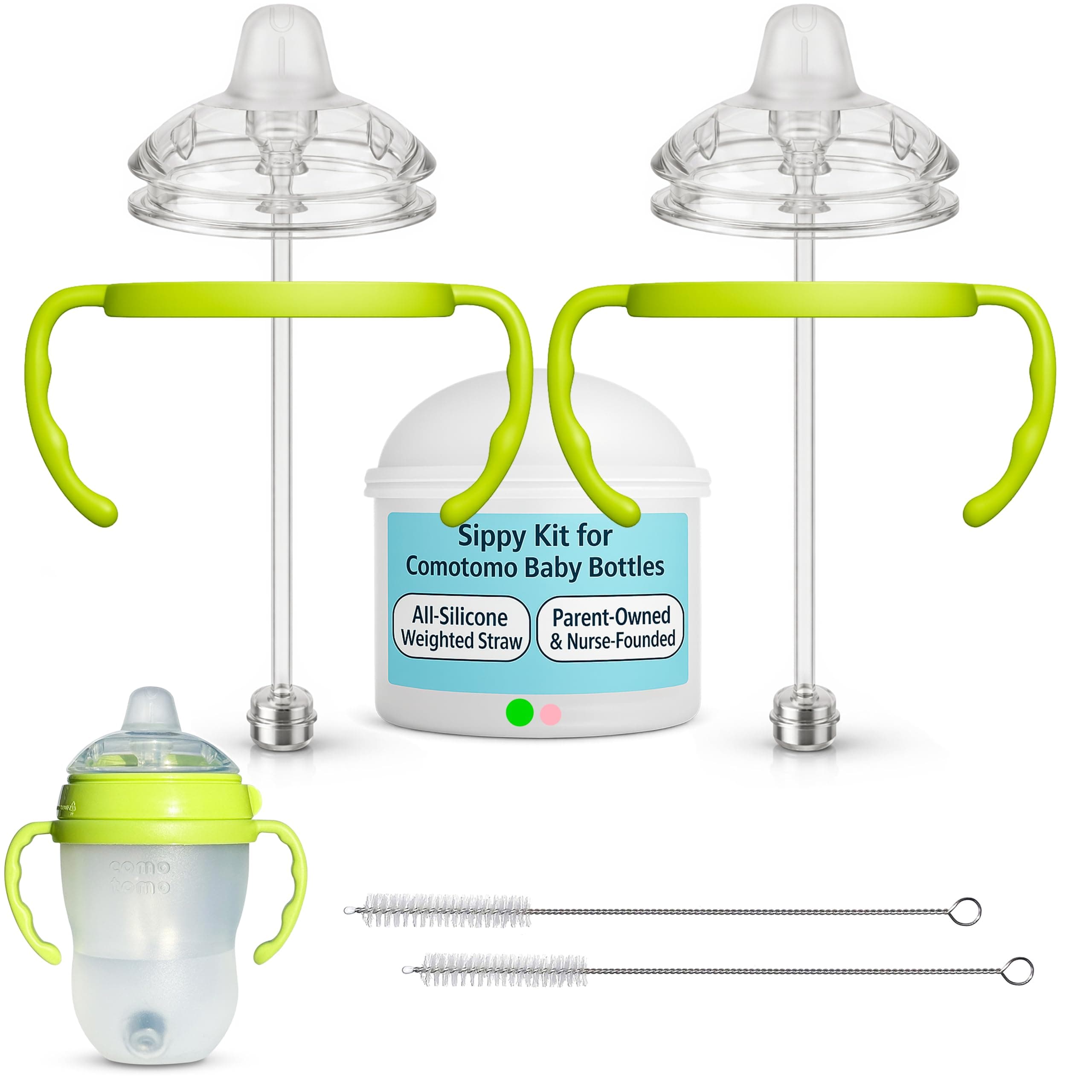 Sippy Cup Conversion Kit for Comotomo Baby Bottles 2-Count, Food Grade Silicone Spout Nipples, All Silicone Weighted Straw, Bottle Handles, Cleaning Brush, BPA-Free, 4+ Months (Sippy Spout, Green)