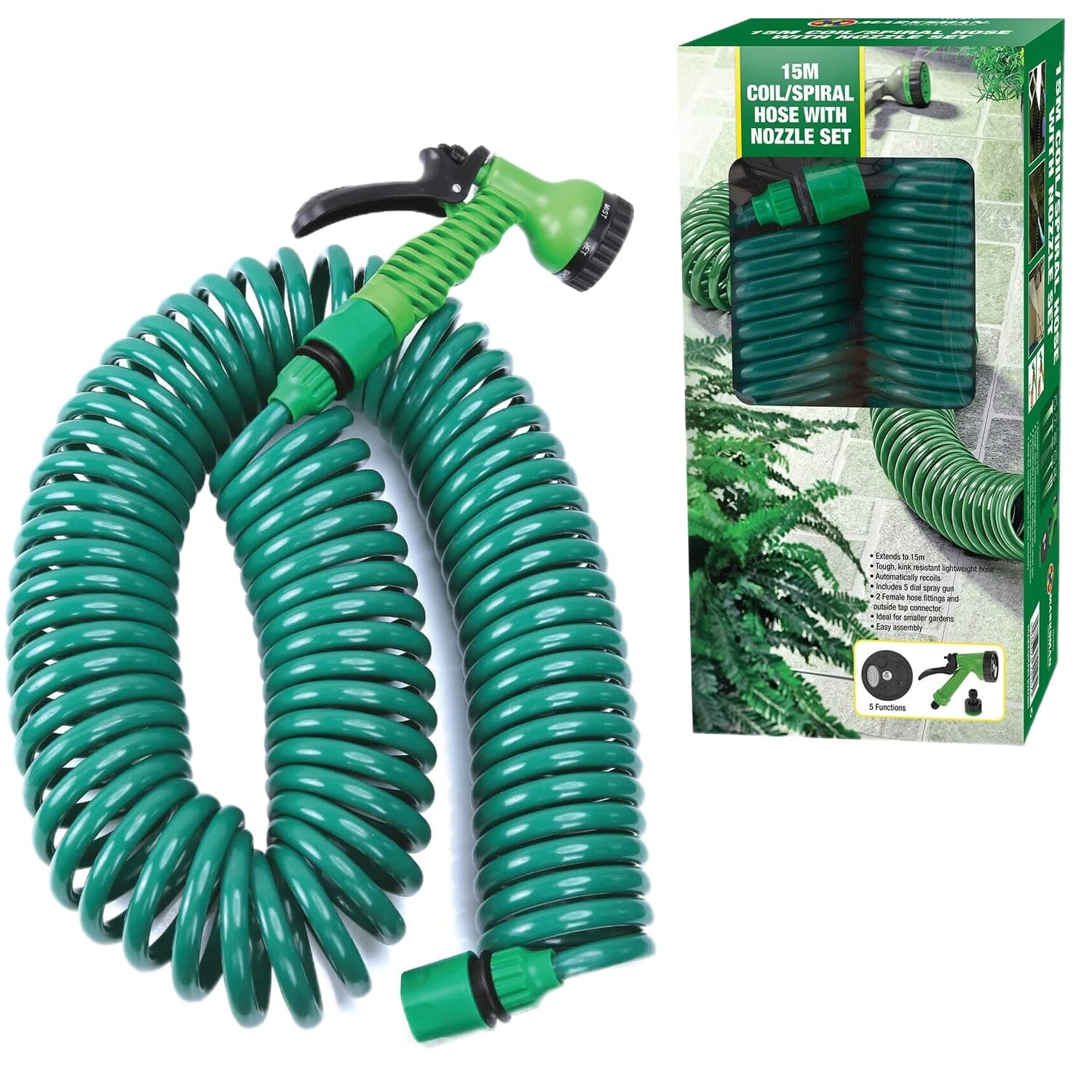 Retractable Garden Coil Hose Pipe Expandable 7 Function Water Spray Gun Flexible Plant & Flower Watering Patio Decking Cleaning (10M), Green