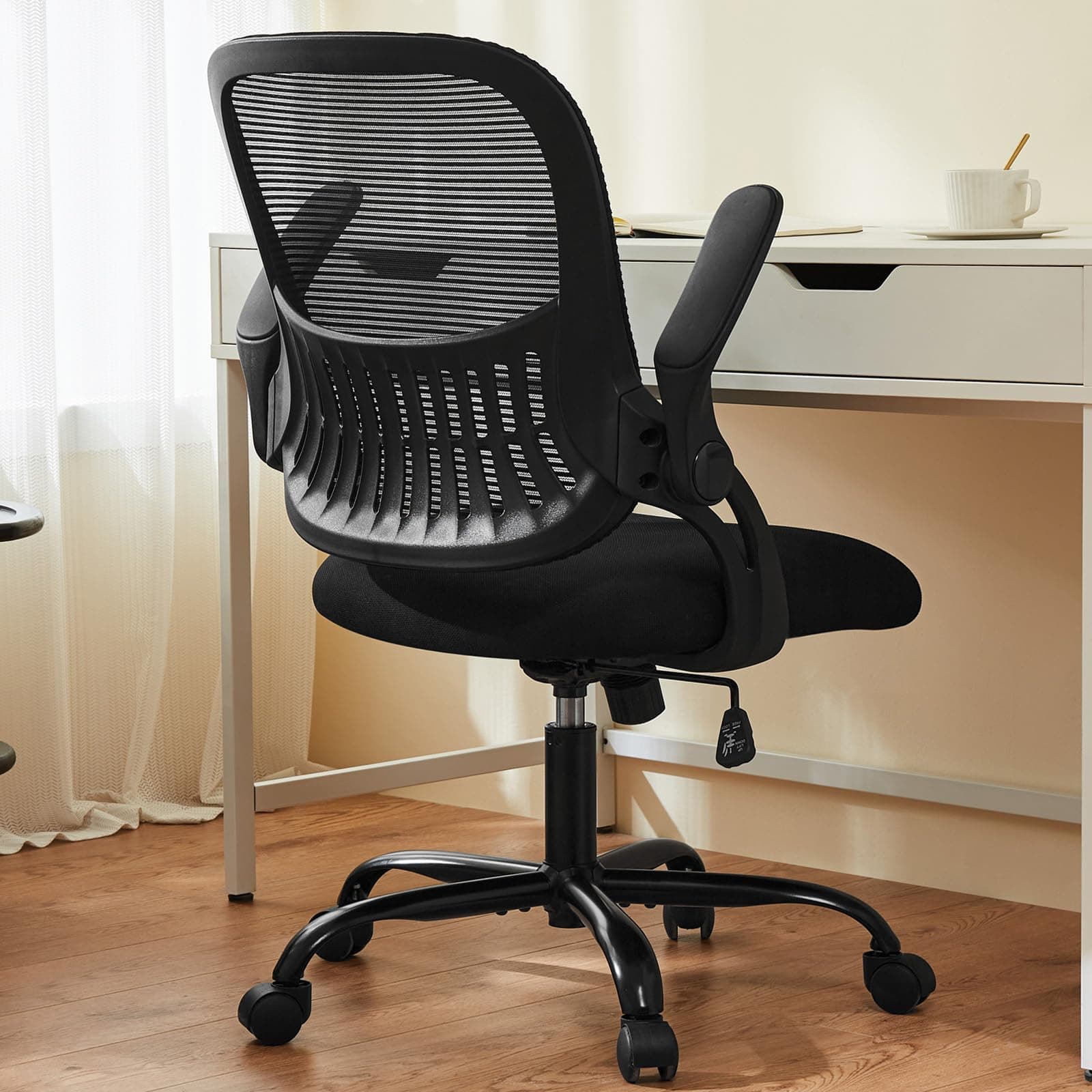 Office Computer Desk Chair, Ergonomic Mid-Back Mesh Rolling Work Swivel Task Chairs with Wheels, Comfortable Lumbar Support, Comfy Flip-up Arms for Home, Bedroom, Study, Student, Black