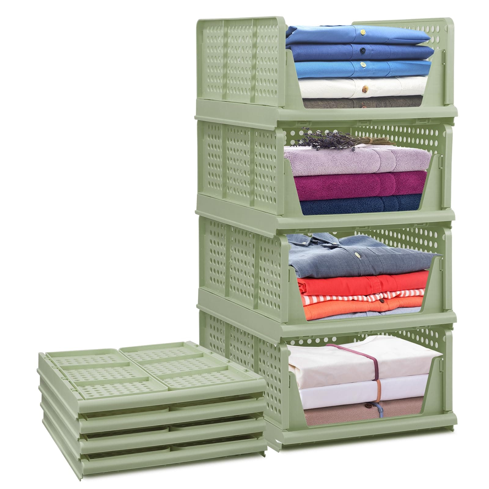 Set of 4 Stackable Foldable Wardrobe Storage Box Organizer (Easy Open and Folding), Plastic Wardrobe Shelves Closet Organiser Box, Pull Out Like a Drawer, Suitable for Home, Bedroom, Kitchen