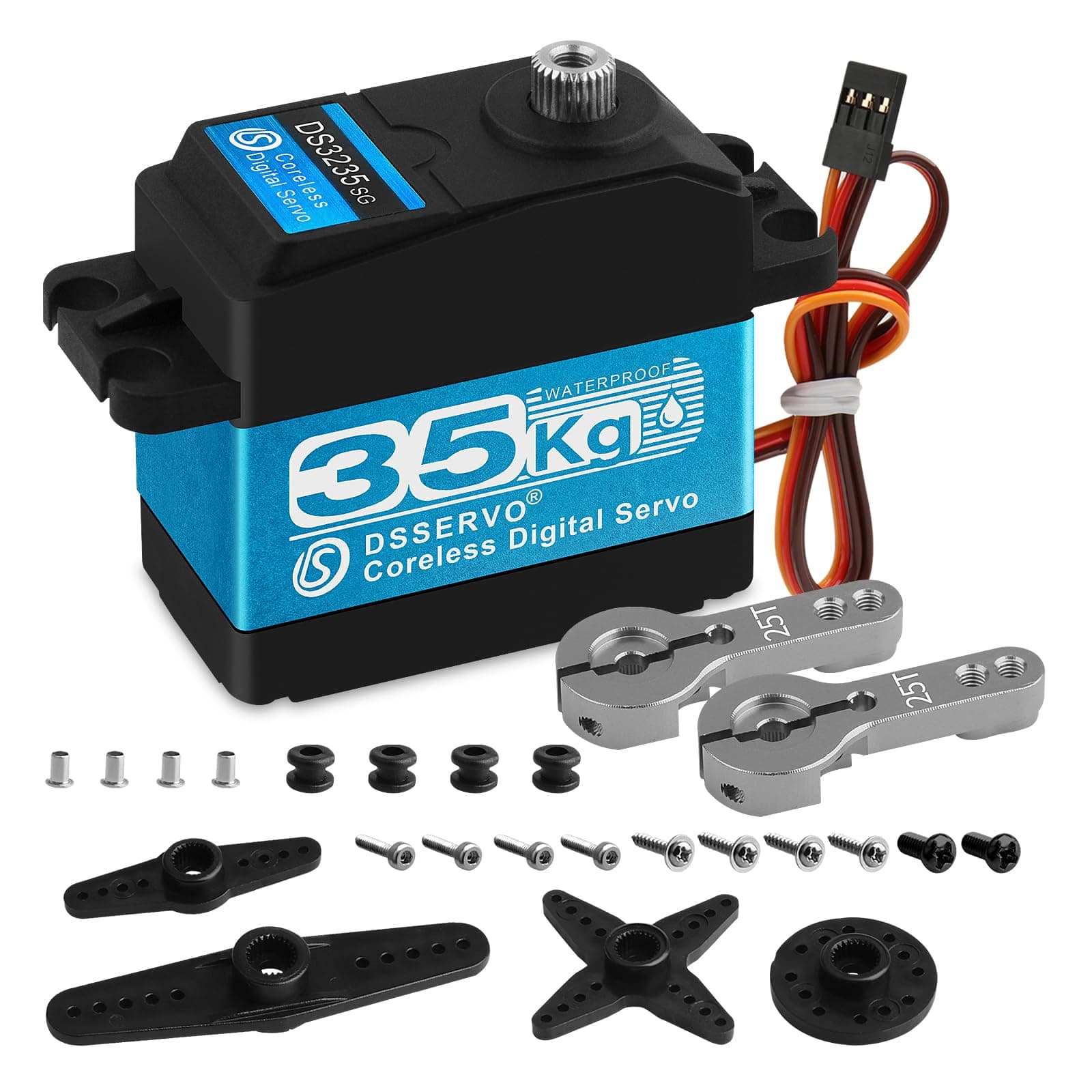 35KG High Torque RC Servo Digital Servo Waterproof Full Metal Gear Steering Servo with 25T Servo Horn Compatible with 1/8, 1/10, 1/12 RC Car Crawler Robot Control Angle 180°