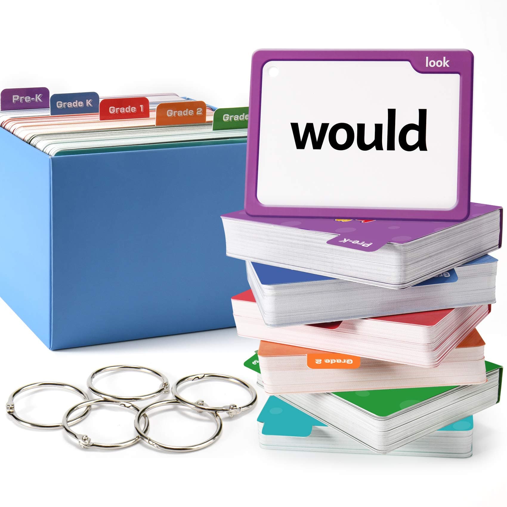 Torlam 520 Sight Words Flash Cards Kindergarten Homeschool Supplies with Card Folders & Rings - High Frequency Site Word for Pre-k Kindergarten 1st 2nd 3rd Grade