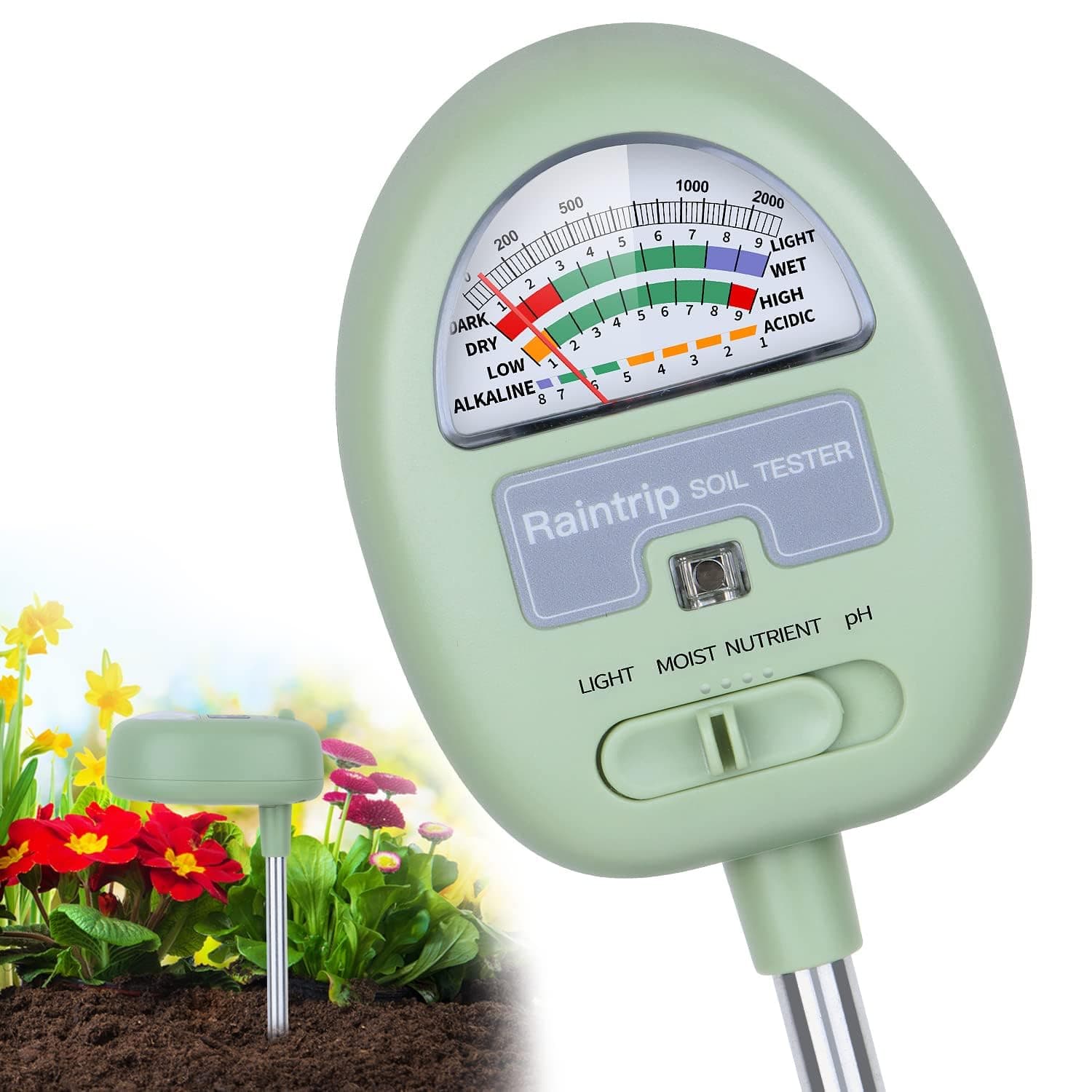 4-in-1 Soil Moisture Meter, pH, Nutrients, Light Tester, No Battery Required, Green, Freestanding, 2.6 x 10.4 Inches