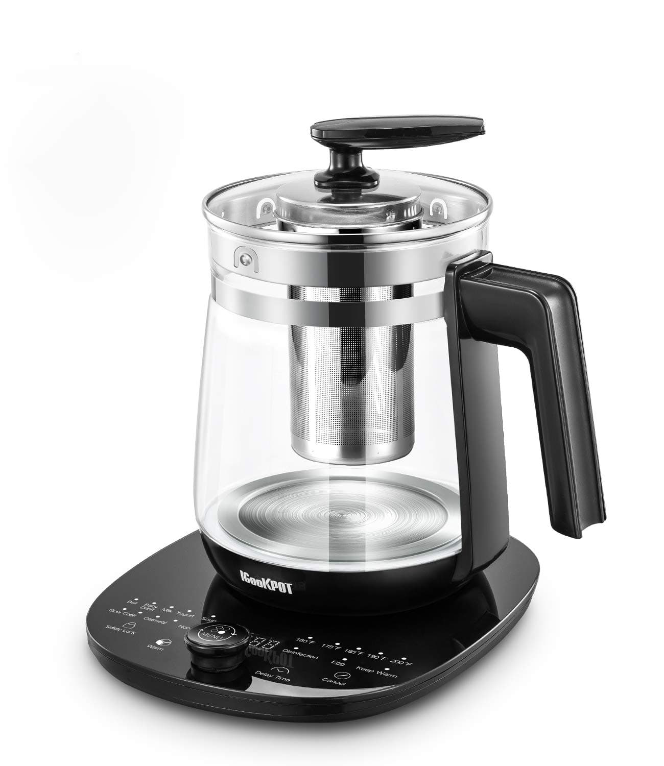 Multi-Use Electric Kettle Borosilicate Glass Tea Maker and Programmable Control Panel Base, Includes Filter, Egg Cooker and Yogurt Box, Keep Warm Function Water Pot Kettle, Black
