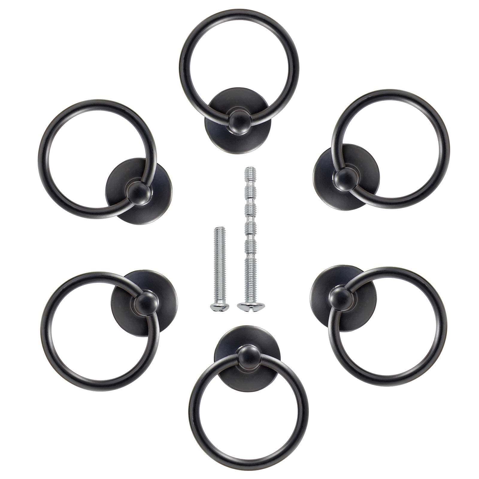6Pcs Round Ring Drawer Pulls Matte Black Ring Handle Knobs for Cabinet Drawer Dresser Cupboard Wardrobe, Single Hole