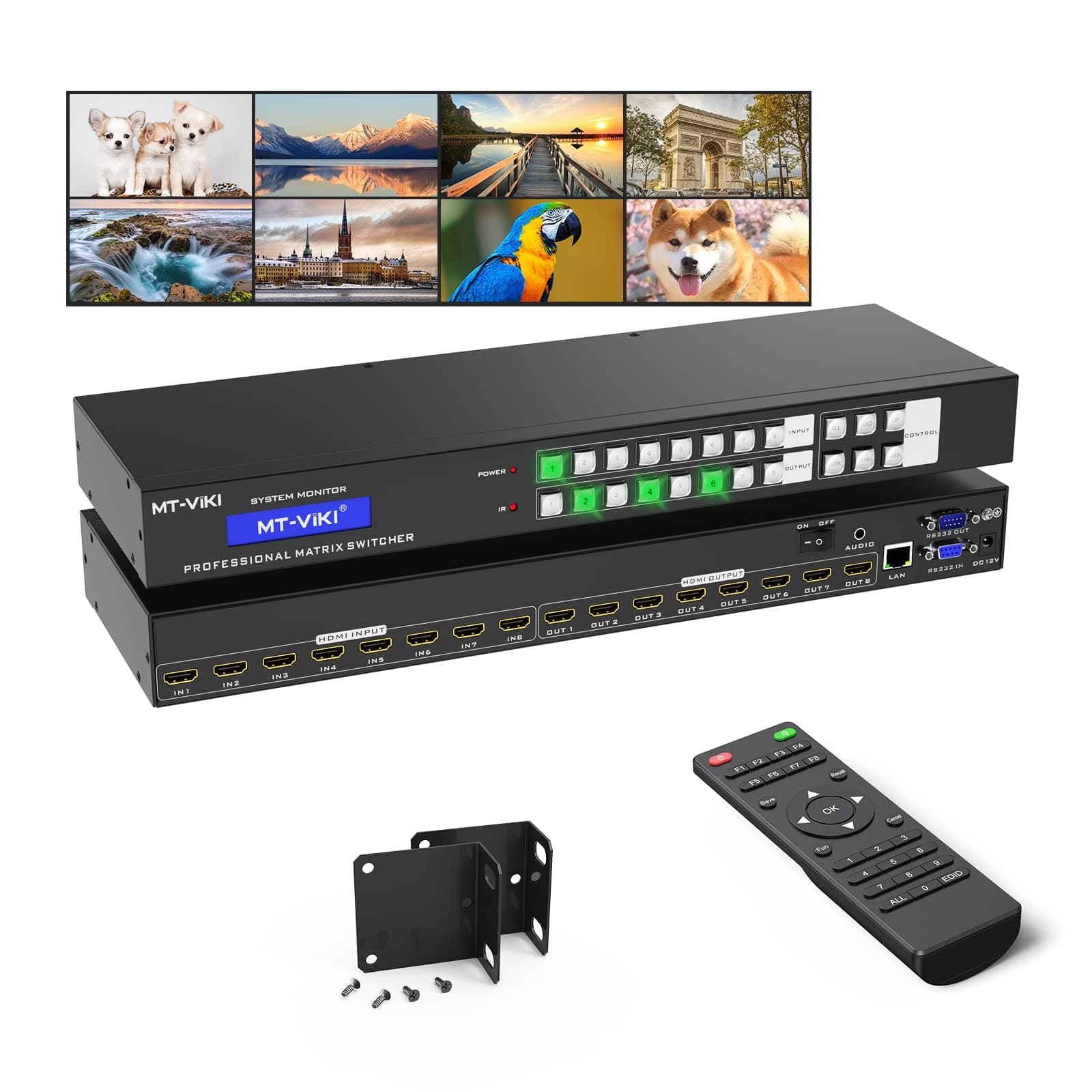 – 4K HDMI Matrix Switch 8X8 Support Web GUI & 3.5mm Stereo Audio w/IR Remote, 4K@30Hz, Rack Mount Switcher & Splitter, EDID, RS232, LAN Port, APP