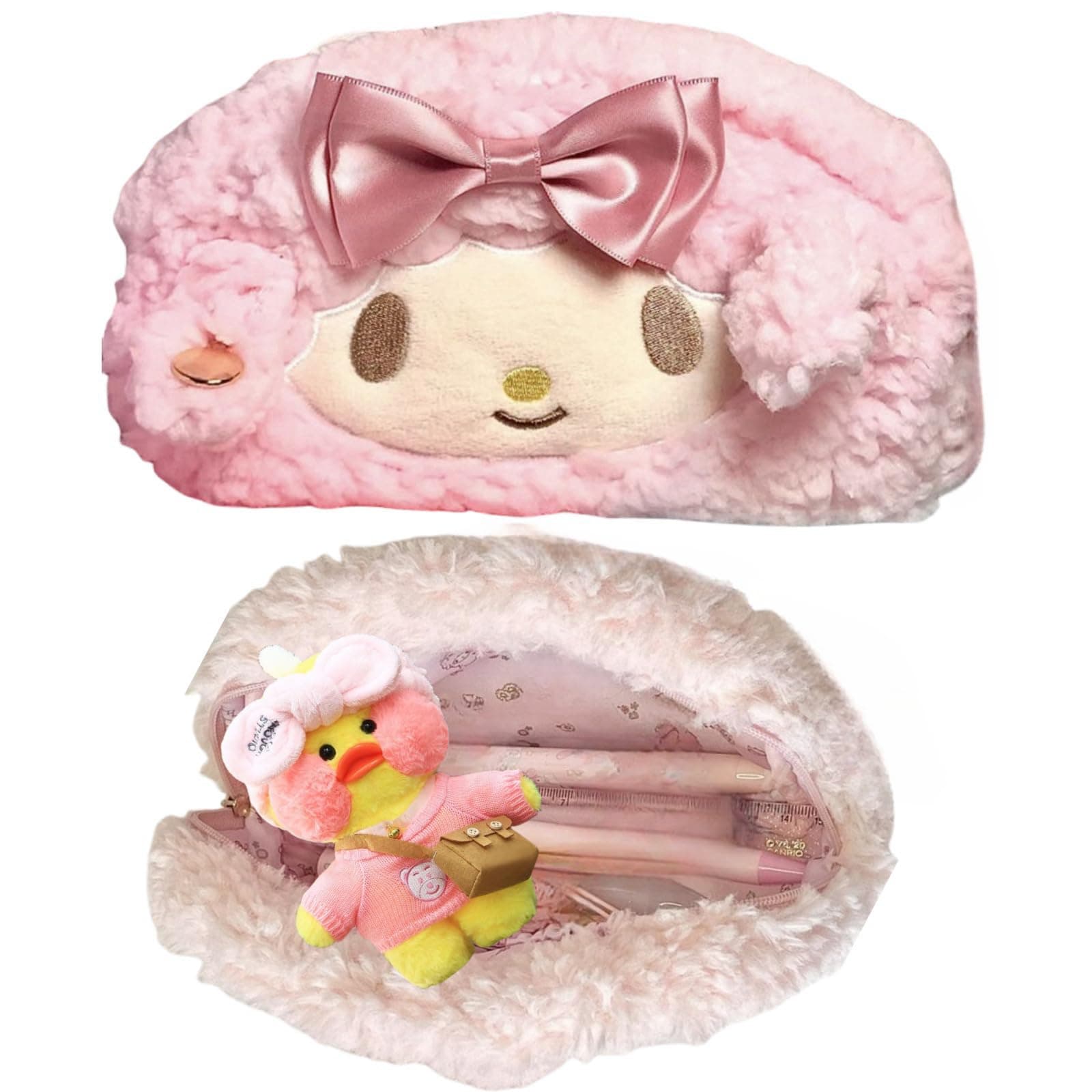 Cute Bow Lamb Large Capacity Pencil Case Plush Pen Holder Sweety Pencil Pouch Box Cute Aesthetic Pen Case (Strawberry pink)