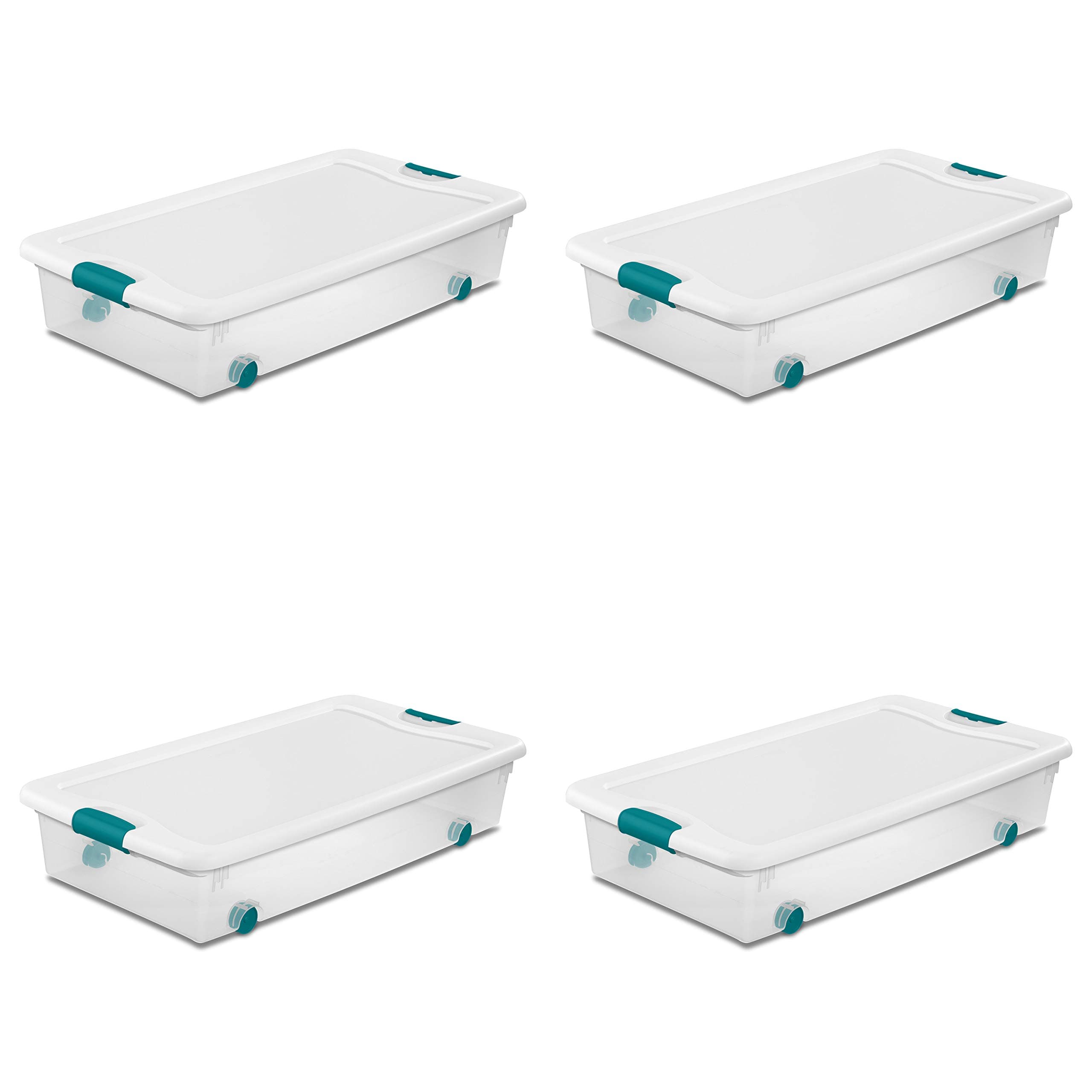 Sterilite56 Qt Wheeled Latching Storage Box, Stackable Bin with Latch Lid, Organize Clothes, Blankets, Shoes Underbed, Clear with White Lid, 4-Pack