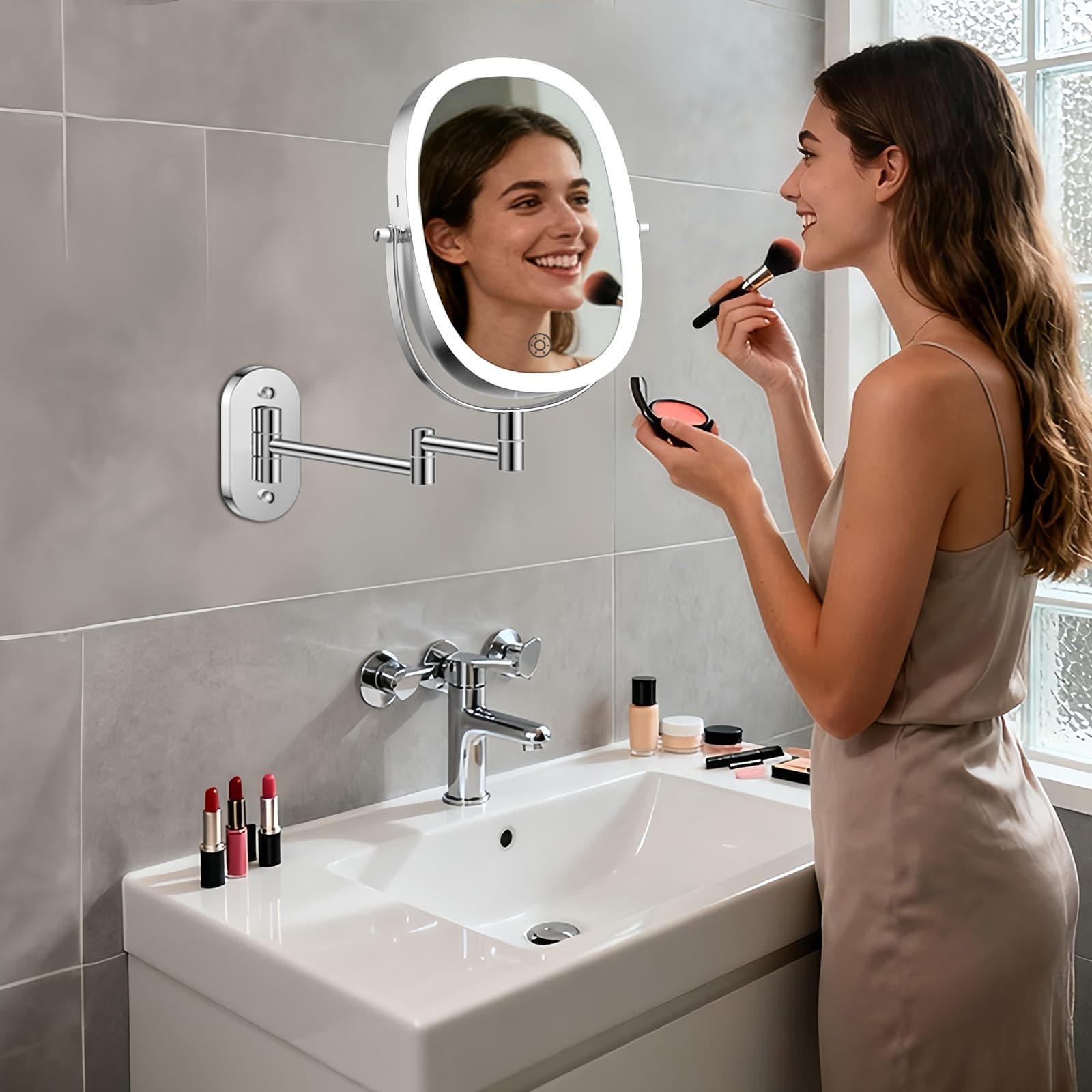 Rechargeable Makeup Mirror with Light, Double Sided Wall Mounted Lighted Bathroom Mirror with 1X/7X Magnification, 3 Colors Dimmable Lighting,Extension Foldable Arm, Bathroom Shaving Magnifying Mirror