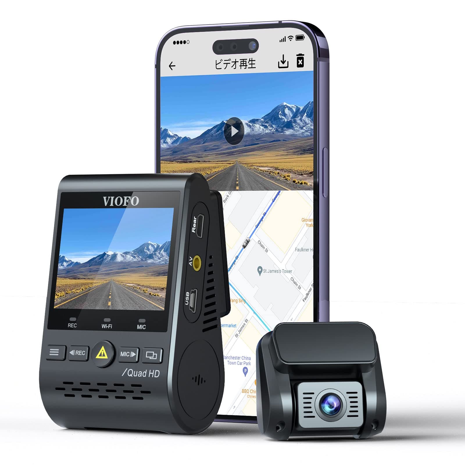 VIOFO Dash Camera, Front and Rear Camera, 5 Megapixel Camera, 2.5K Evolution, Durable, Small Dash Camera, Wireless LAN, Japanese App, GPS, HDR/WDR Technology, 140° Super Wide Angle, Super Night