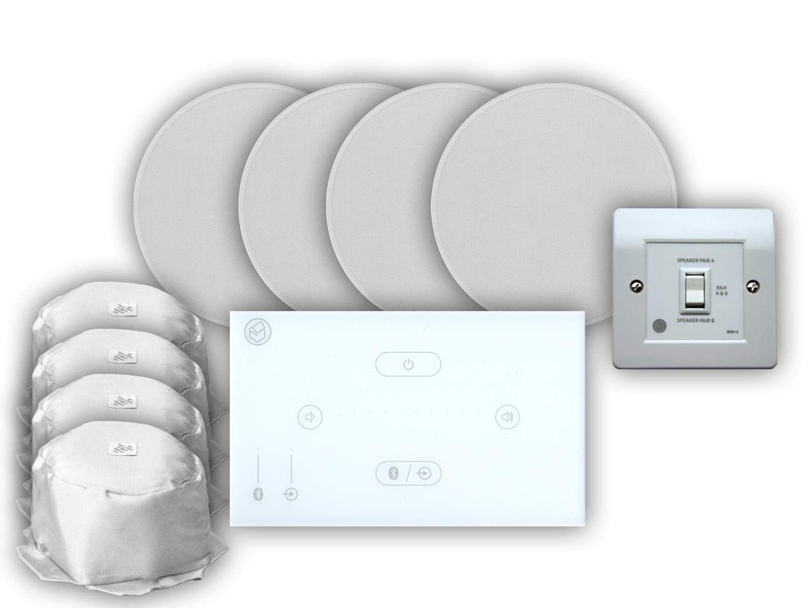 Systemline E50 Bluetooth Receiver Ceiling Speaker Dual Zone Bundle - 1 X 1G Dual Room Speaker Switch, 4 X Q Acoustics Qi65CB Speakers, 4 X Q Acoustics Fire Hoods, 20m X Extra Speaker Cable