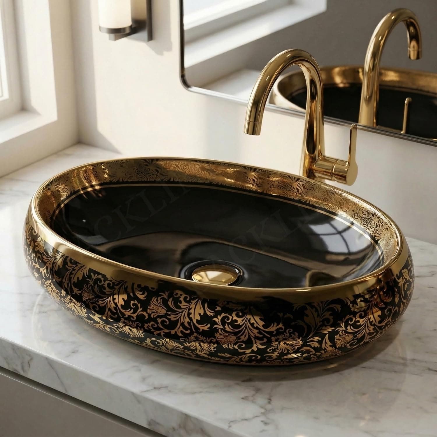B BACKLINE Ceramic Oval Shape Table Top Vessel Sink Over Counter Wash Basin (24 X 16 X 6 Inch, Black Gold)