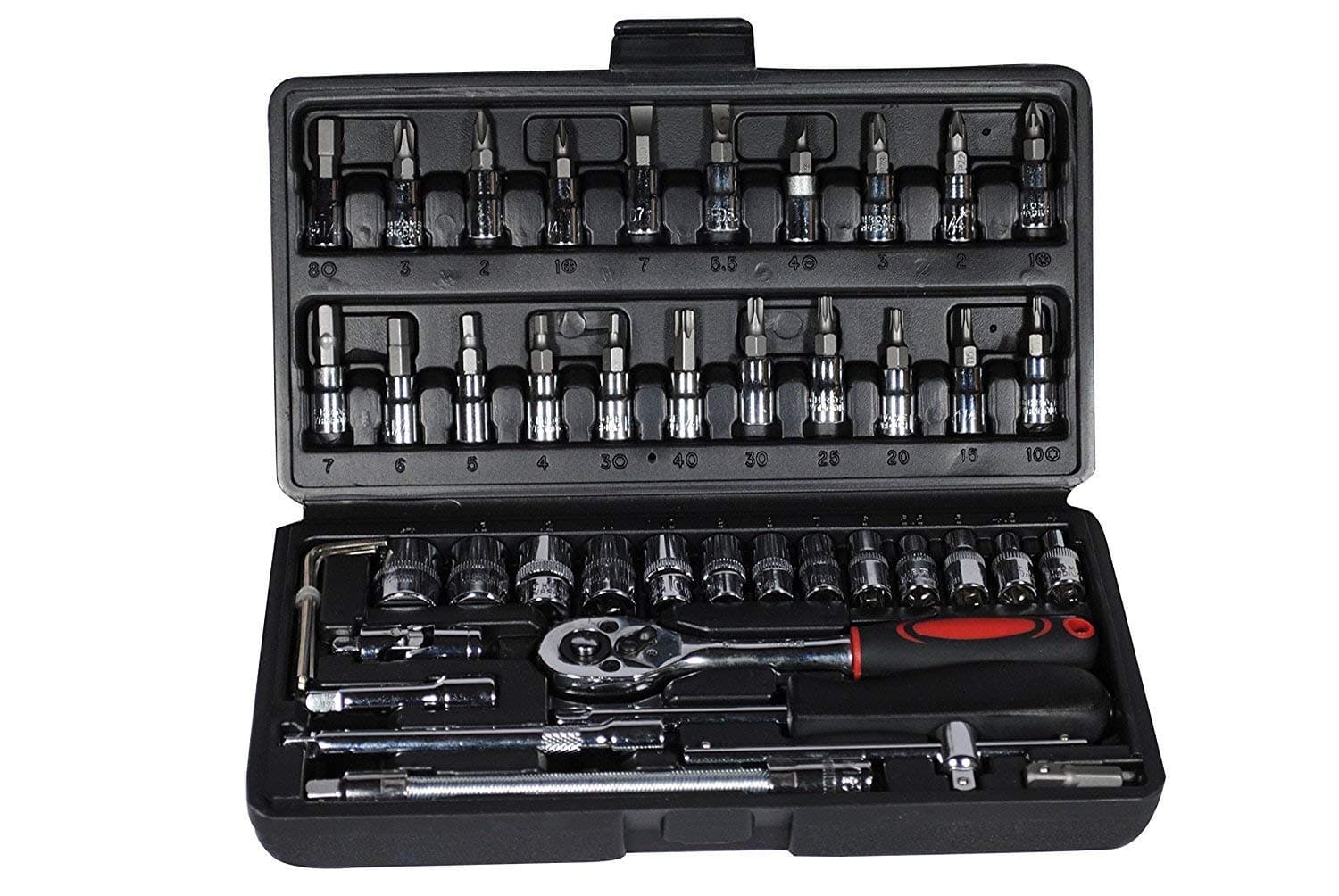 Moolten Box End 1/4" Socket & Screwdriver Bit Set Ratchet Handle, Extension Bar and Adapter for Bike, Car Repairs - 46 Pieces