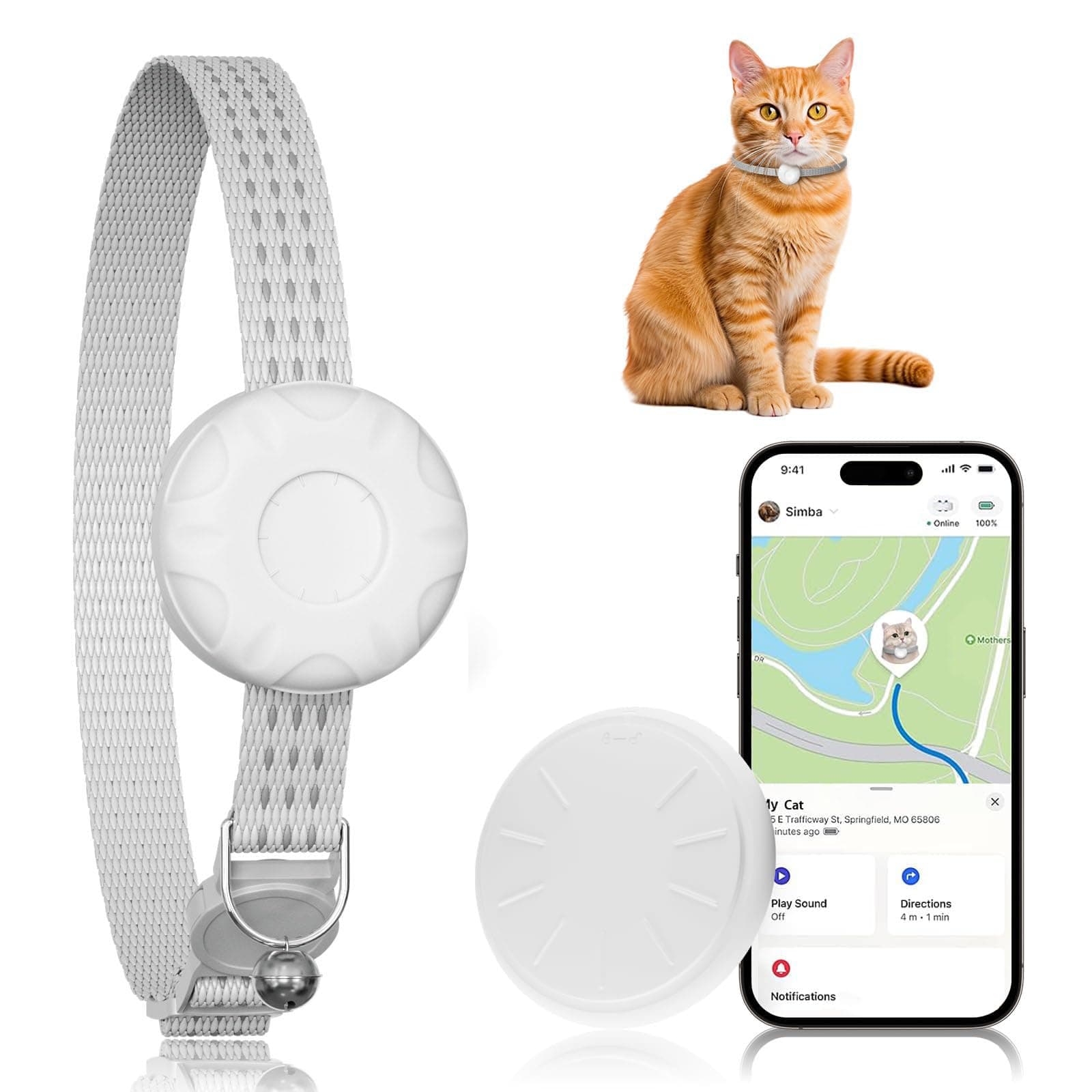 Cat Tracker,Pet Tracker for Cats (Only iOS),Waterproof Tracker Cat Collars with Safety Elastic Buckle,No Monthly Fee,Works with Any Collar,Compatible with Apple Find My App-White