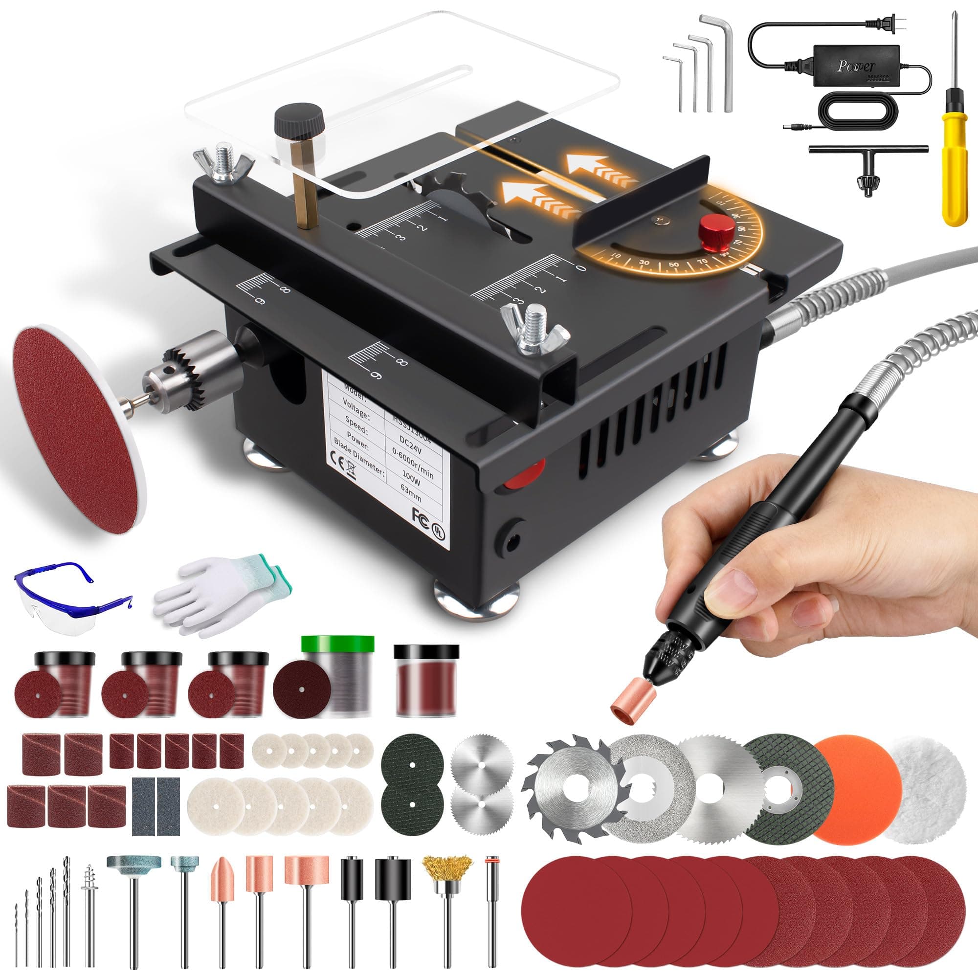 Mini Table Saw, Mini Multi-Functional Table Saw for Crafts, Speed & Angle Adjustable, Cutting | Sanding | Engraving | Drilling All-in-One Machine, for Wood/PCB/Acrylic/Plastic (Liftable & Dark Gray)