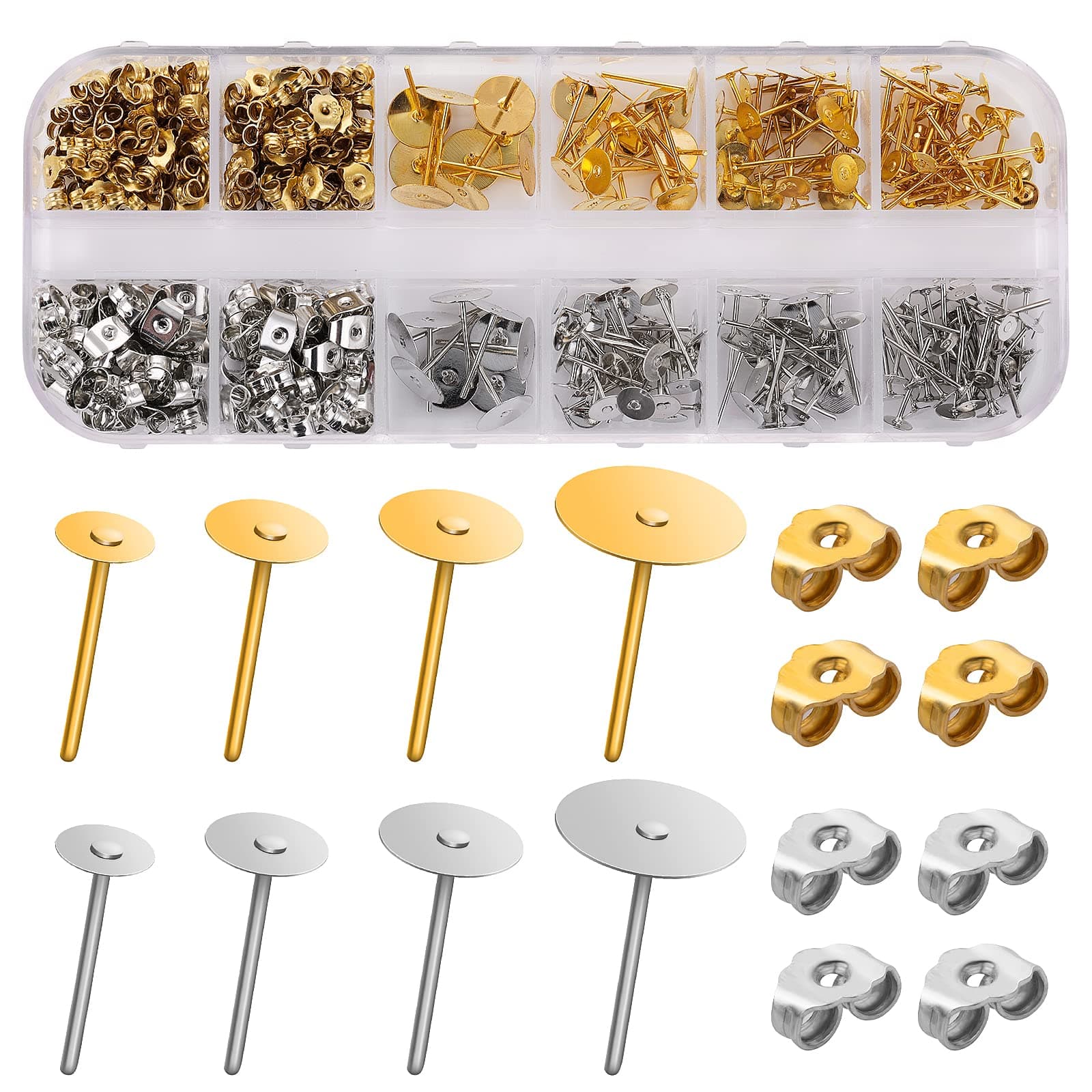 ASTER 400pc Earring Making Kit - Hypoallergenic Earring Posts & Studs with Butterfly Backs - Storage Box Included, 4 Sizes (4-8mm), Gold & Silver