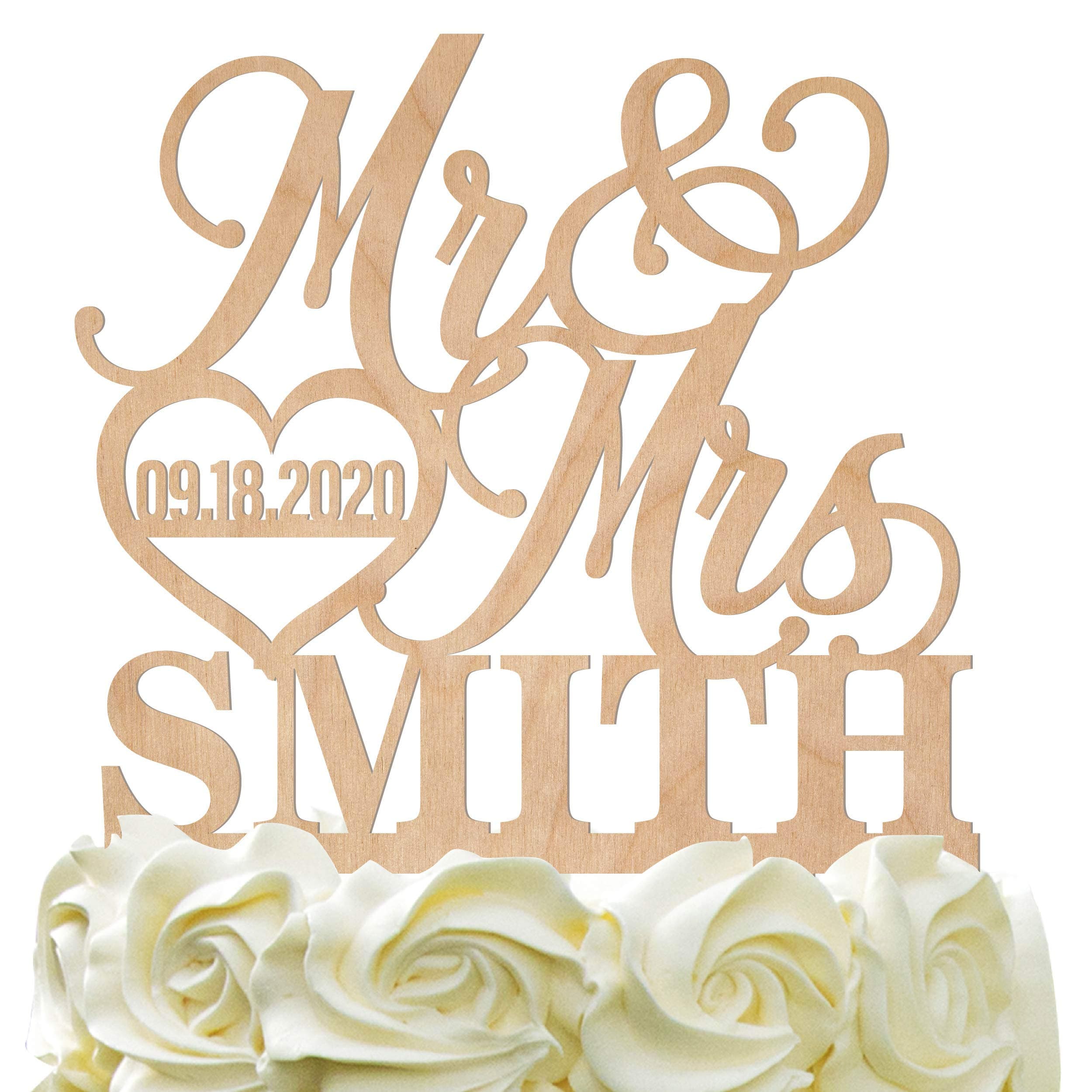 Personalized Mr Mrs Wedding Cake Topper - Customized Last Name & Date w/Heart - Wood Colors
