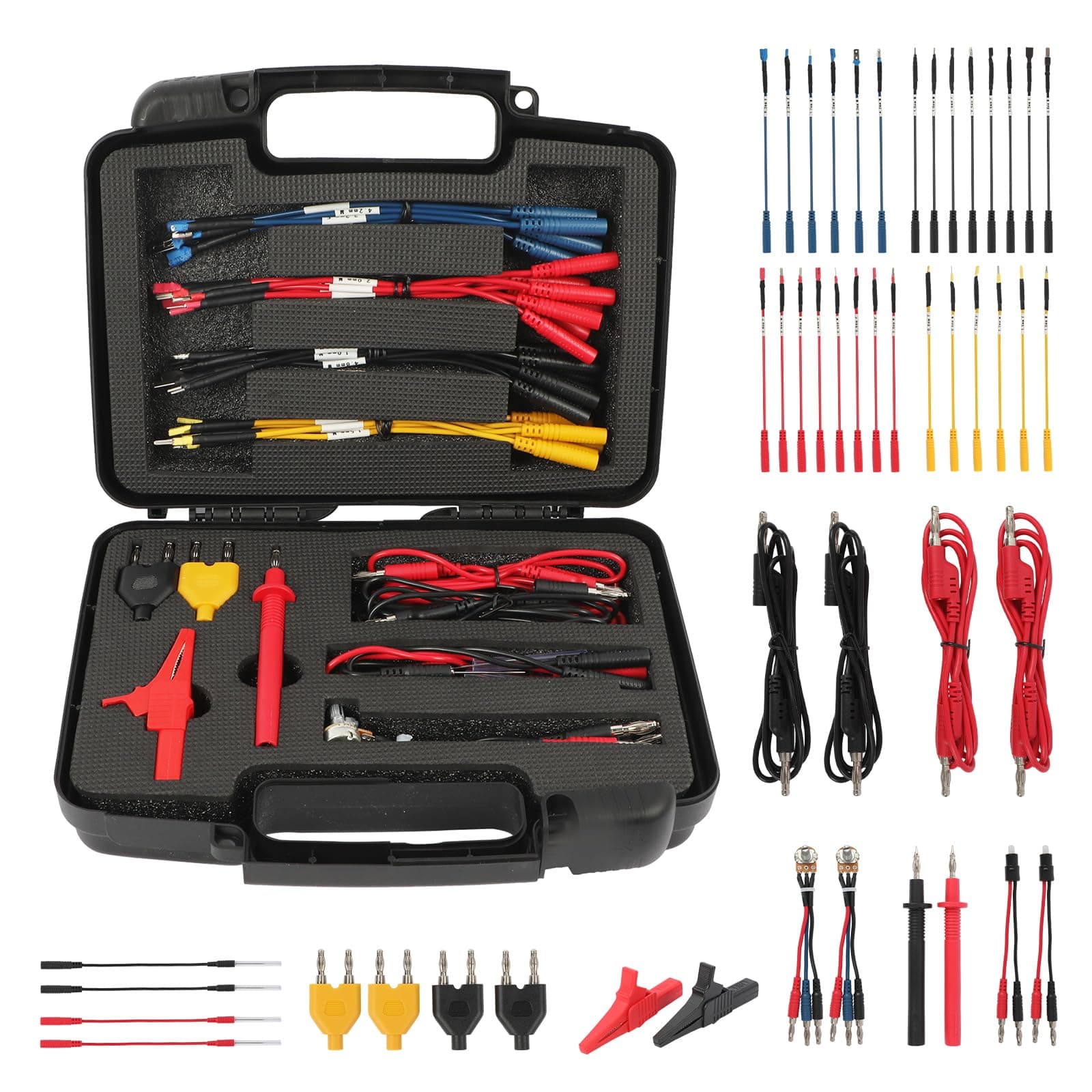 AUTOOL 48PCS Silicone Multimeter Test Leads Kit with Replaceable Wire Piercing Probes,Alligator Clips,32A/1000V Test Hook Clips,Banana Plug Connectors,Jumpers,Test Tweezer
