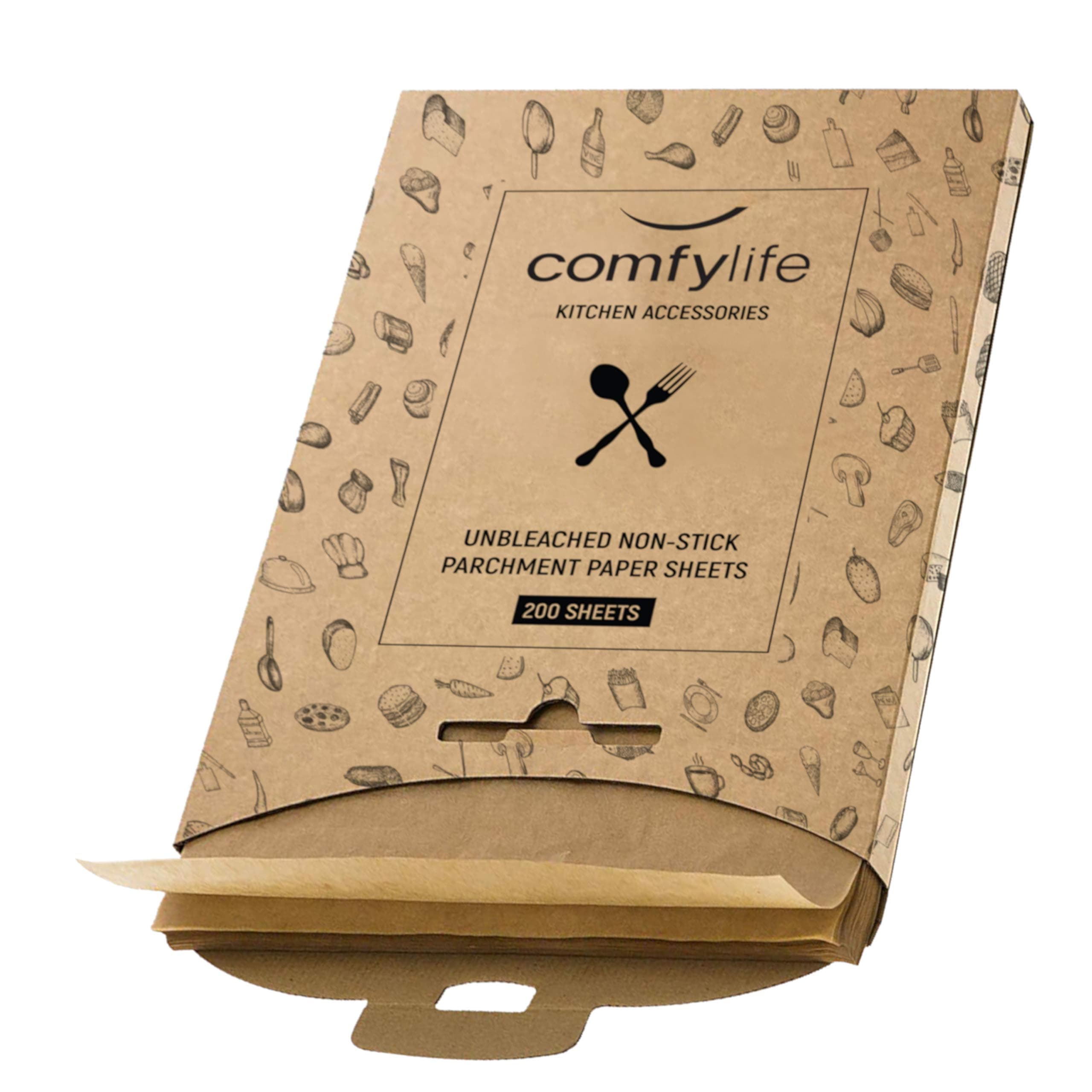 Comfylife 200 Parchment Sheets - No Curl, No Tear, No Burn Baking Paper (16 x 12 inch) Precut, Unbleached Parchment Paper for Baking & Cooking