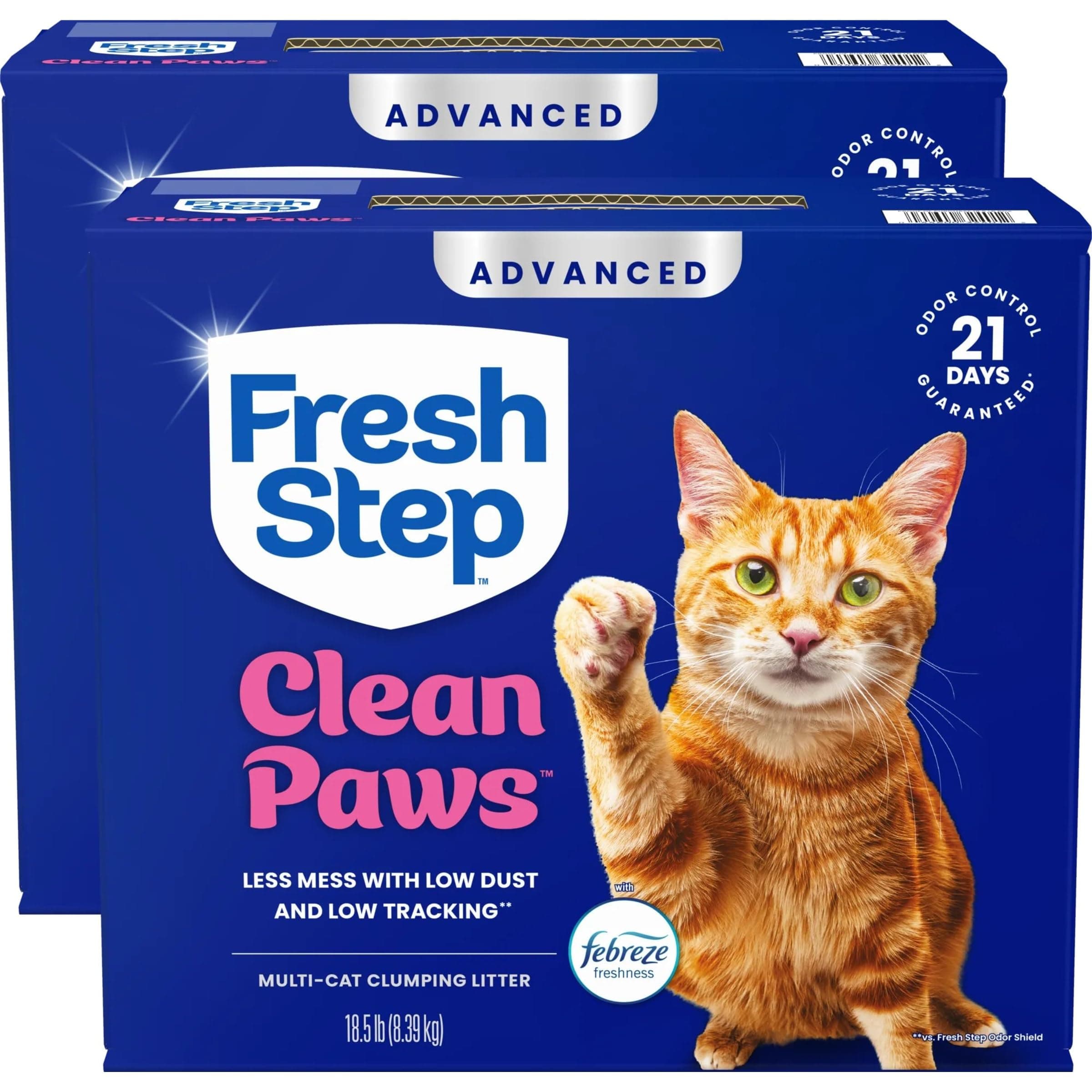 Fresh Step Advanced Clean Paws Multi Cat Clumping Cat Litter with Febreze Freshness, Low Dust, Odor Control with Ammonia Block Tech, Compatible in Automatic Litter Boxes, 37 lbs. (2 x 18.5 lb.)