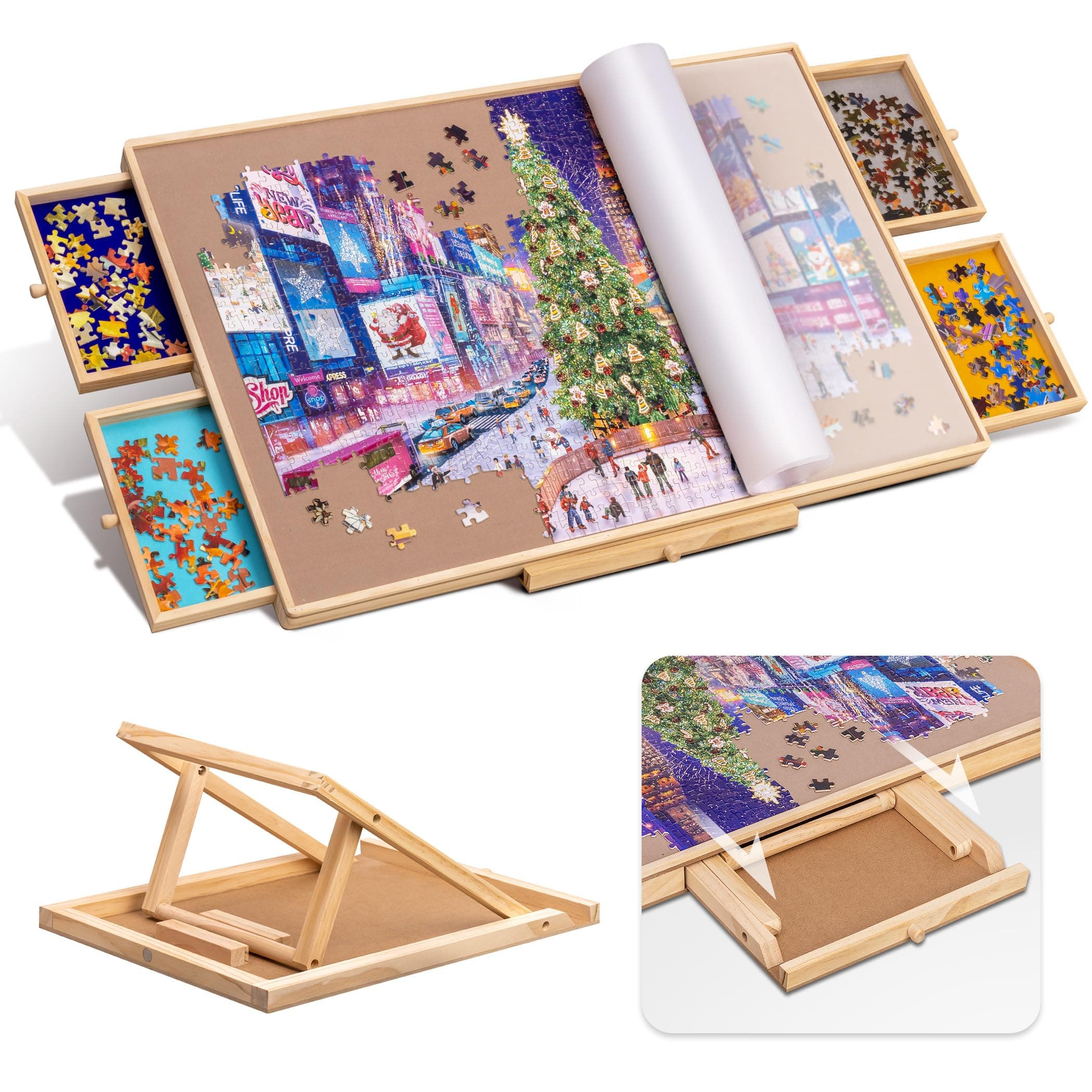 Jigsaw Puzzle Table with Integrated Adjustable Stand/Bracket and Removable Cover, 3-Tilting-Angle Wooden Plateau Portable Puzzle Board with 4 Sorting Drawers, for Up to 1000 Pieces