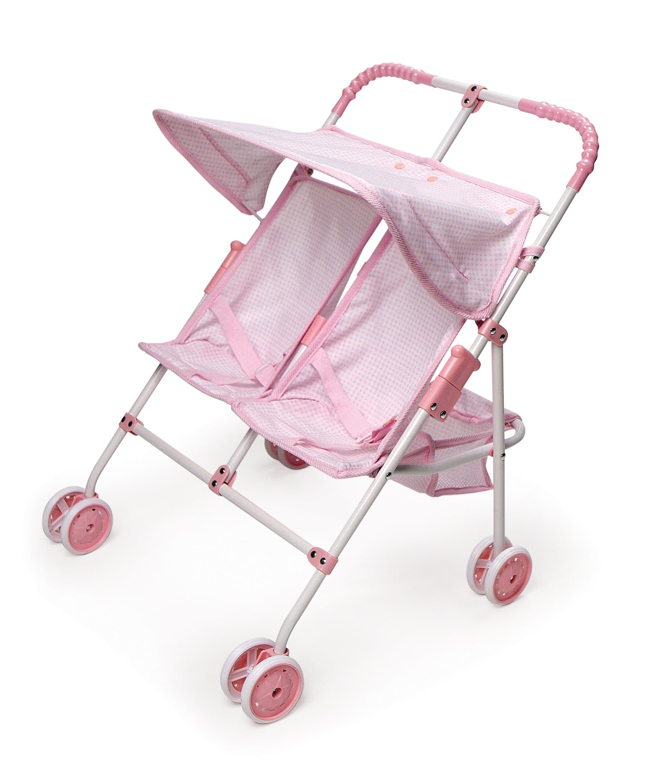 Double Doll Stroller - Foldable Tandem Stroller for Dolls with Canopy, Basket & Safety Belts - Lightweight Toy for Kids - Design in Pink & White