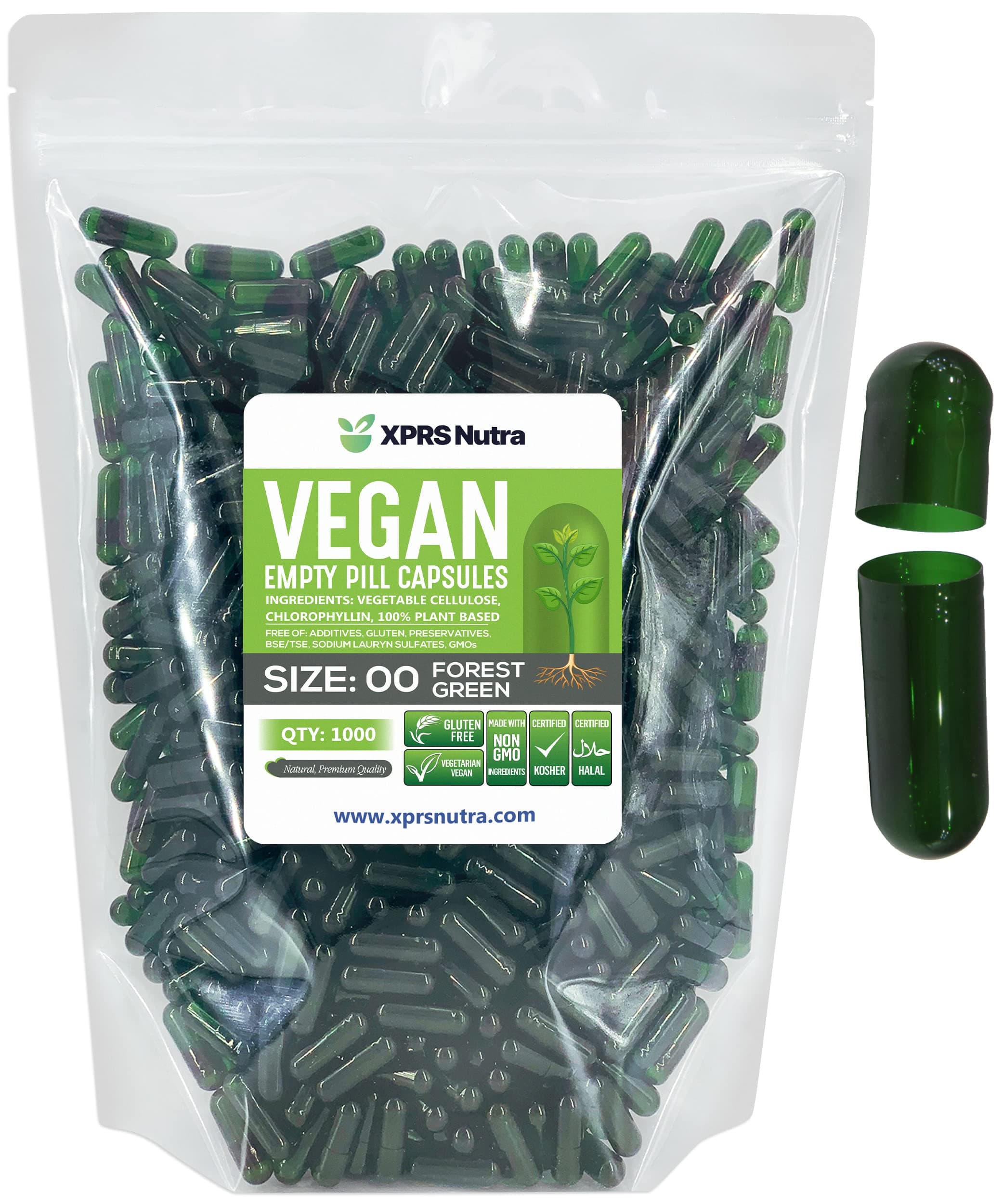 Size 00 Empty Capsules - 1000 Count Empty Vegan Capsules - Vegetarian Empty Pills - DIY Vegetable Capsule Filling- Veggie Pill Caps (Forest Green)