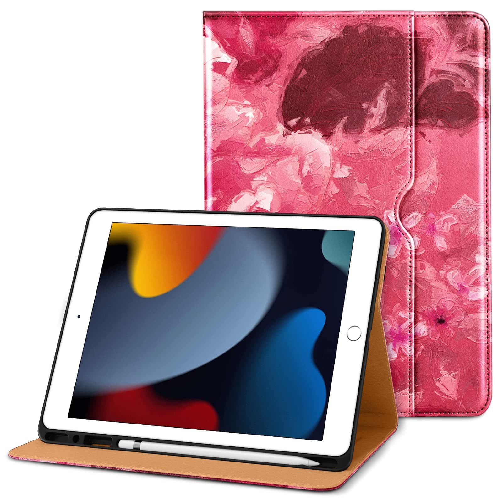 DTTO iPad 9th/8th/7th Generation 10.2 Inch Case 2021/2020/2019, Premium Leather Business Folio Stand Cover with Apple Pencil Holder - Auto Wake/Sleep and Multiple Viewing Angles, Watercolor Flowers