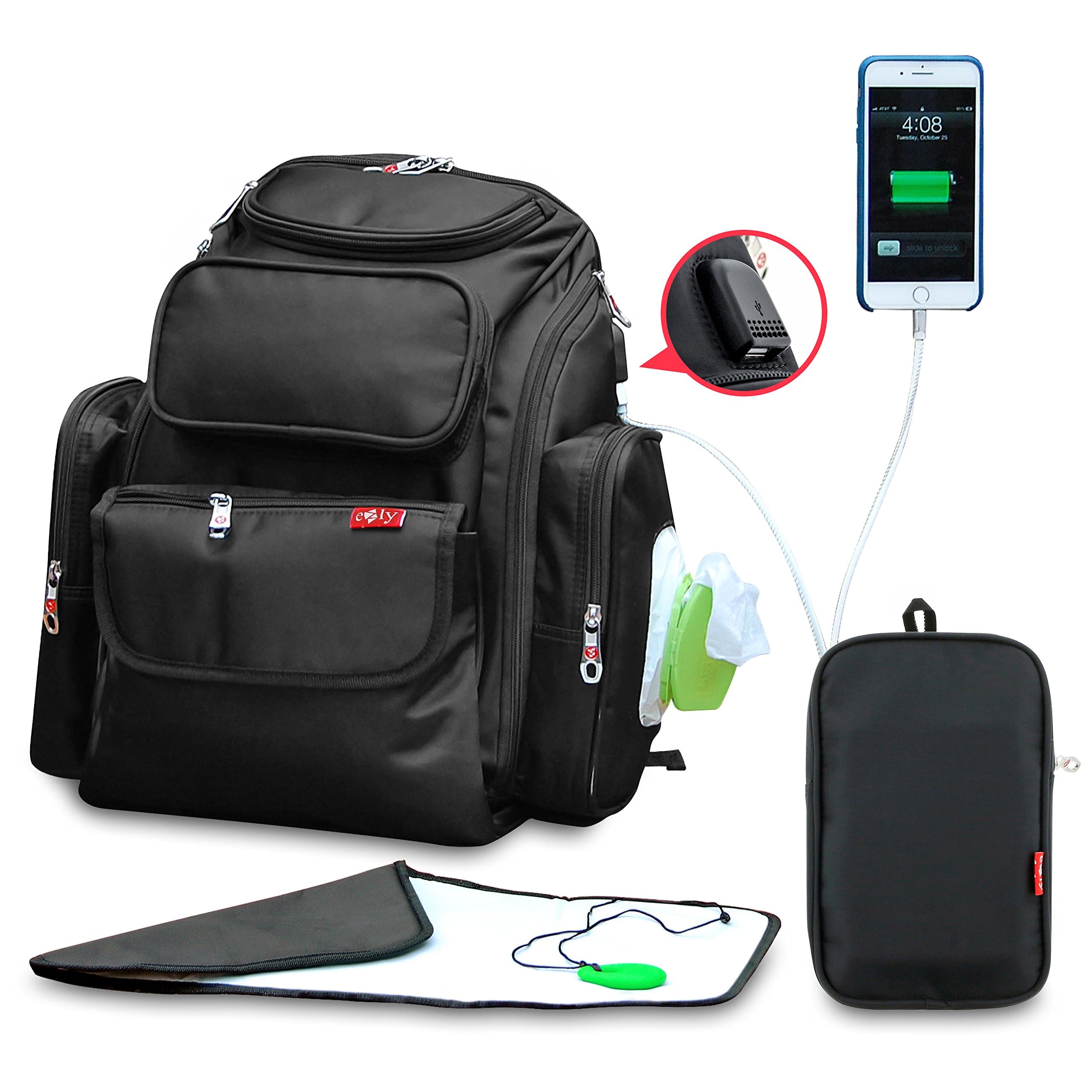 Ezly Diaper Bag Backpack, Multi-Function Baby Travel Bag With Changing Pad/Stroller Straps, Insulated Pocket, Waterproof, Durable, USB port (Black)