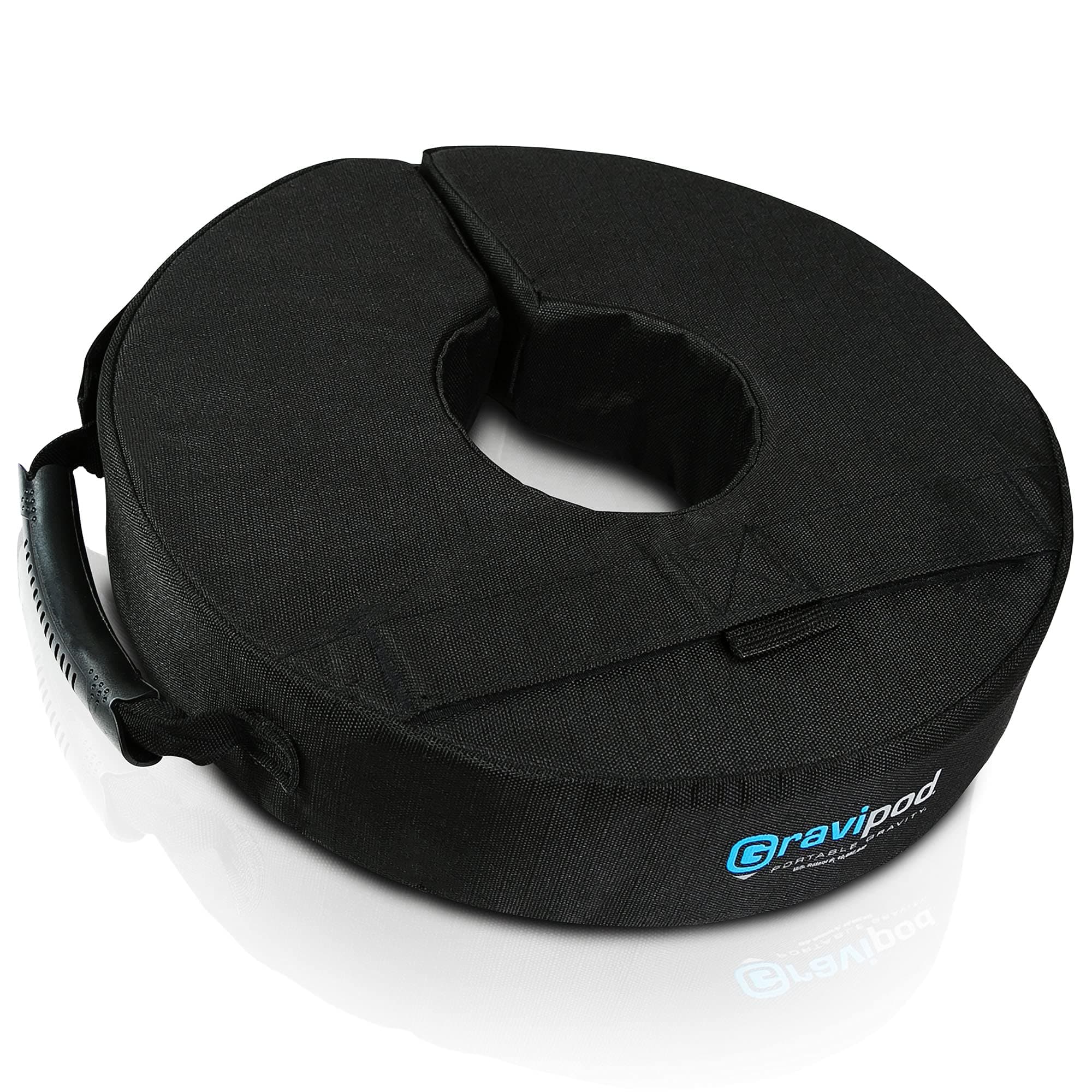 Gravipod Mini Base Weight Bag, 14” Round~Versatile support with split-ring opening and ergonomic handles for any pole, post, stand, AV equipment, or floor lamp~Industrial Ballistic Ripstop Polyester