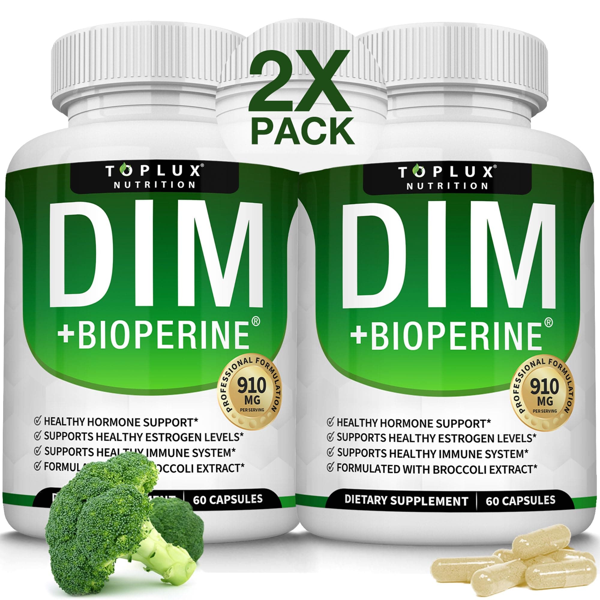Dim Supplement 910 mg Plus BioPerine Complex - Diindolylmethane to Support Hormone Balance and Estrogen Metabolism, Helps with Menopause Acne PCOS Better Skin Bodybuilding, for Men Women, 60 Capsules