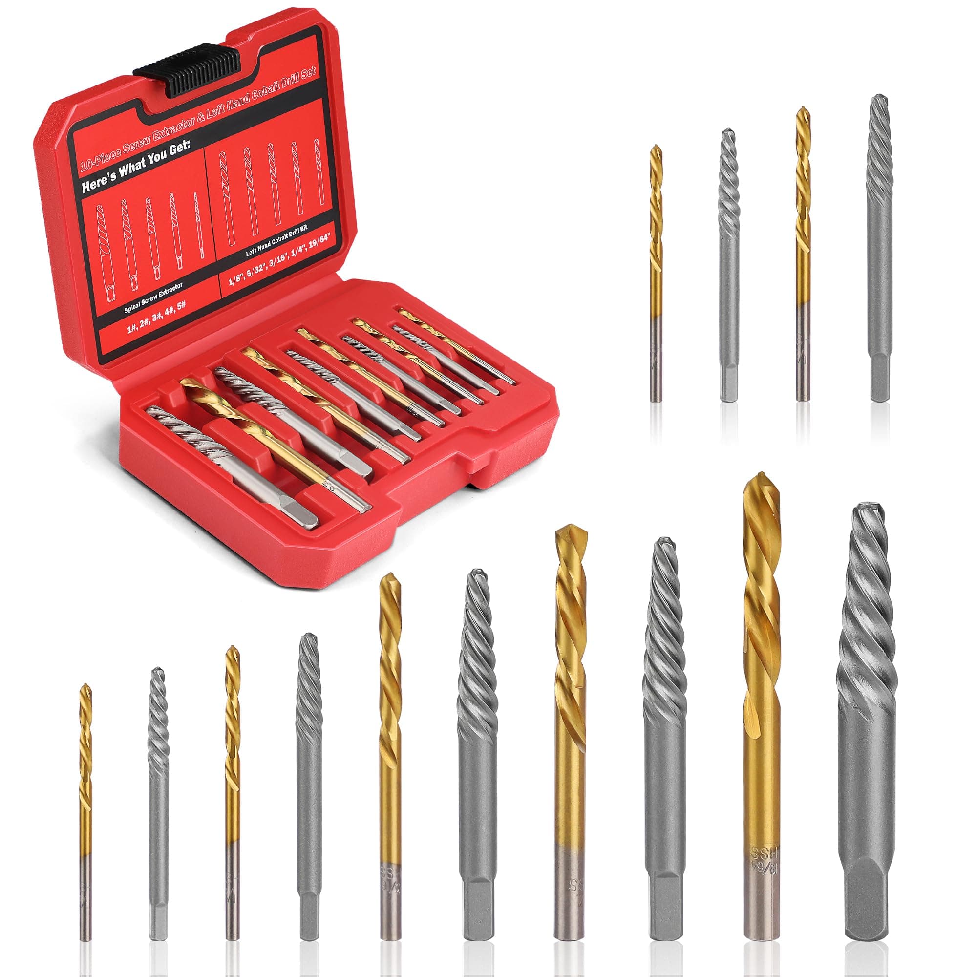 10 Pieces Screw Extractor Set, Bolt Extractor Set Cobalt Drill Bits Set for Removing Stripped Screws and Broken Bolts Easy Out
