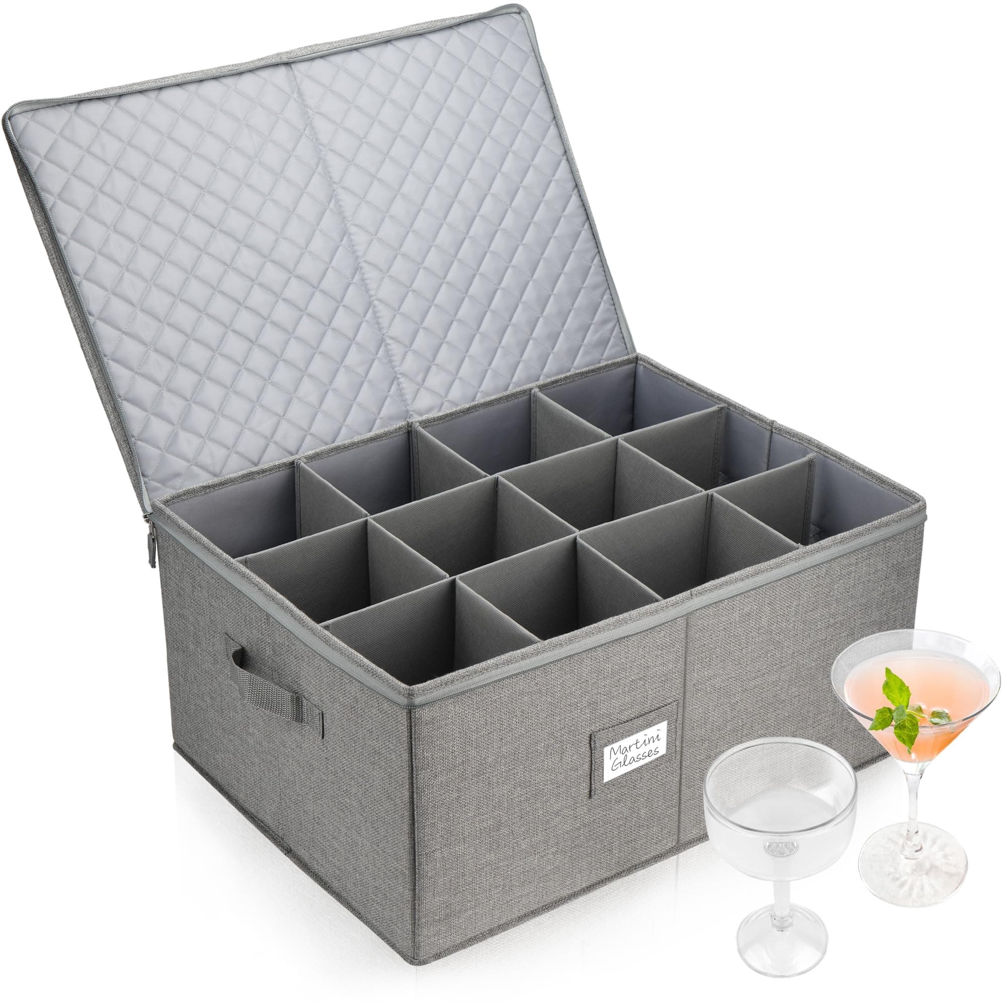 LotFancy Stemware Storage Container for Moving, Hard Shell, Wide Wine Glass Storage Box with Dividers & Handles, Stackable, Foldable Crystal Glassware Case, 21”x15.5”x10”, Grey