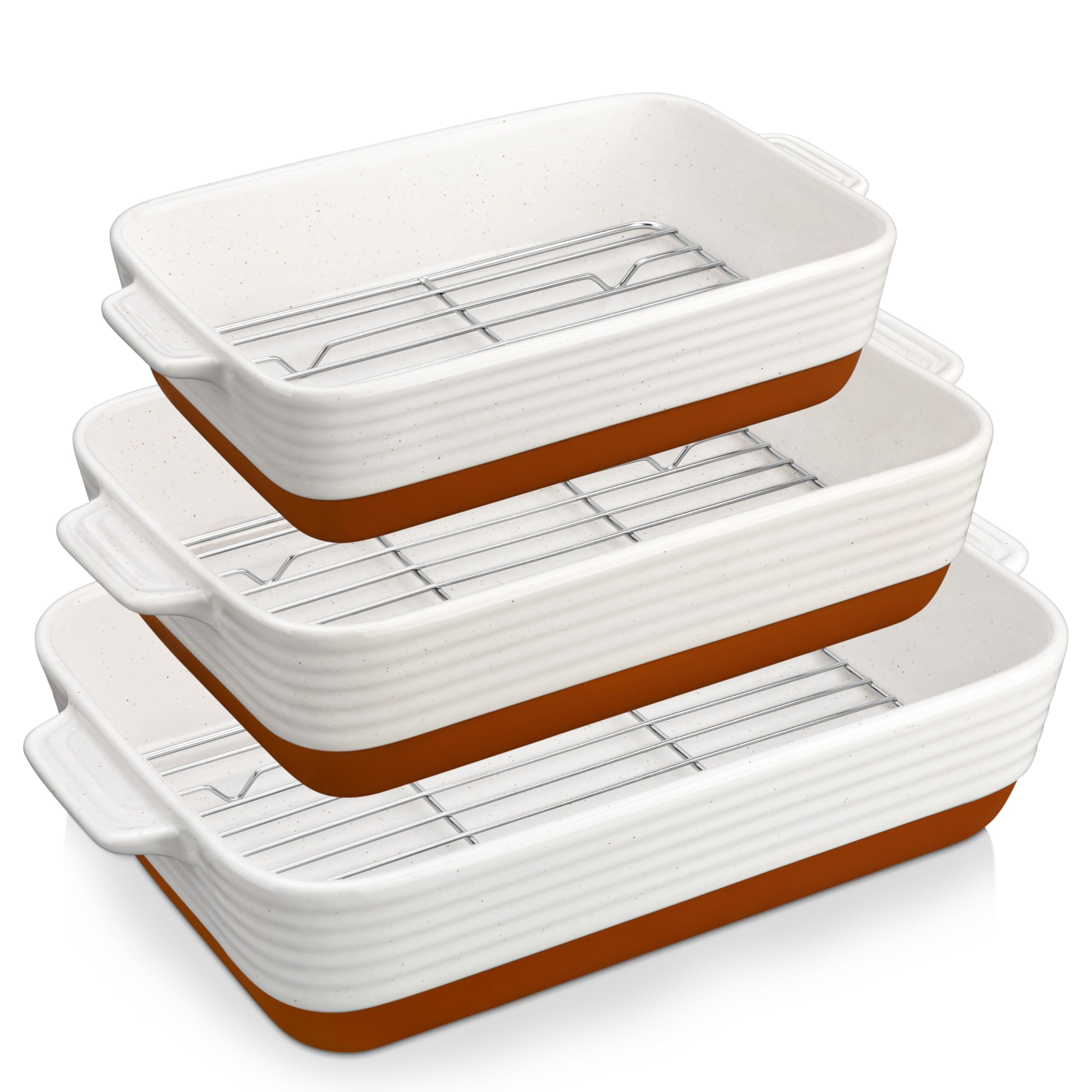 Ceramic Baking Dish Set with Roasting Racks, 1.45/2.7/3.8L Deep Casserole Dishes for Oven, Rectangular Lasagne Dish with Handles, Set of 3, Khaki White (14.5"/13"/10.5"), Series Tara