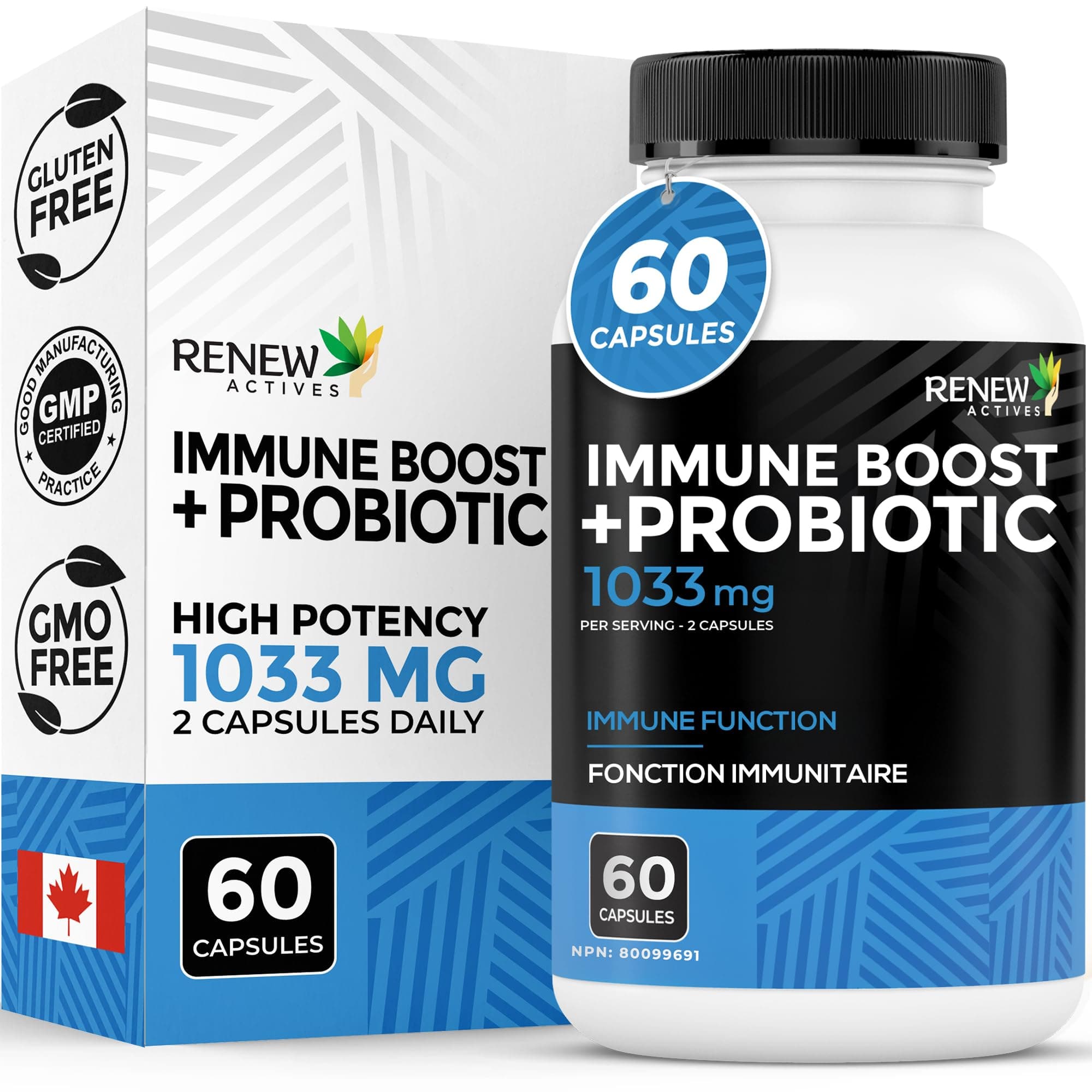 RENEW ACTIVES Antioxidant – Elderberry, Probiotics, Zinc, Vitamin C & Organic Turmeric 700MG per 2 Capsules – For Immune Function, Collagen Formation, & Overall Wellness – Made in Canada - 60 Capsules